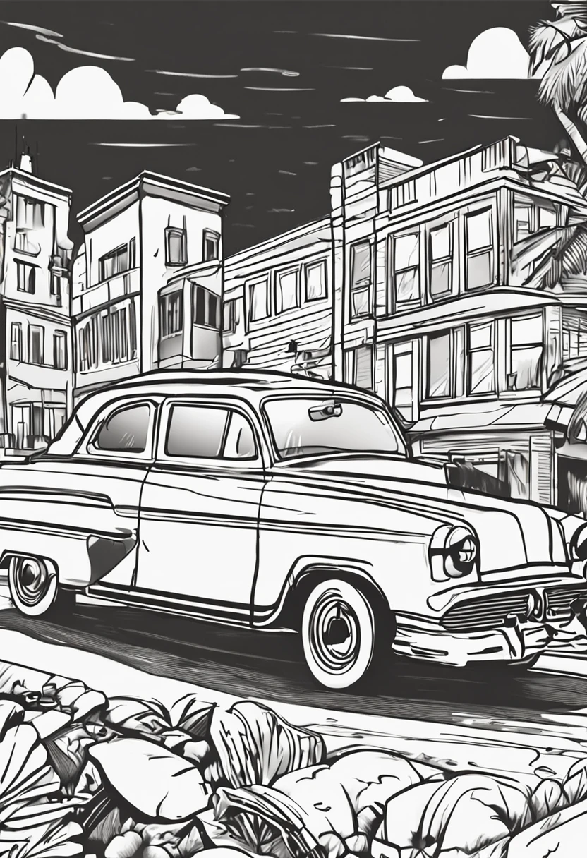 Use the image above to create an illustration of vintage black and white cars with straight lines and a look similar to a children's coloring book page. Make sure there is no noise and that the lines are thick and sharp like contour art. Change the aspect ratio to 2:3 e foco em um quadro vertical da imagem