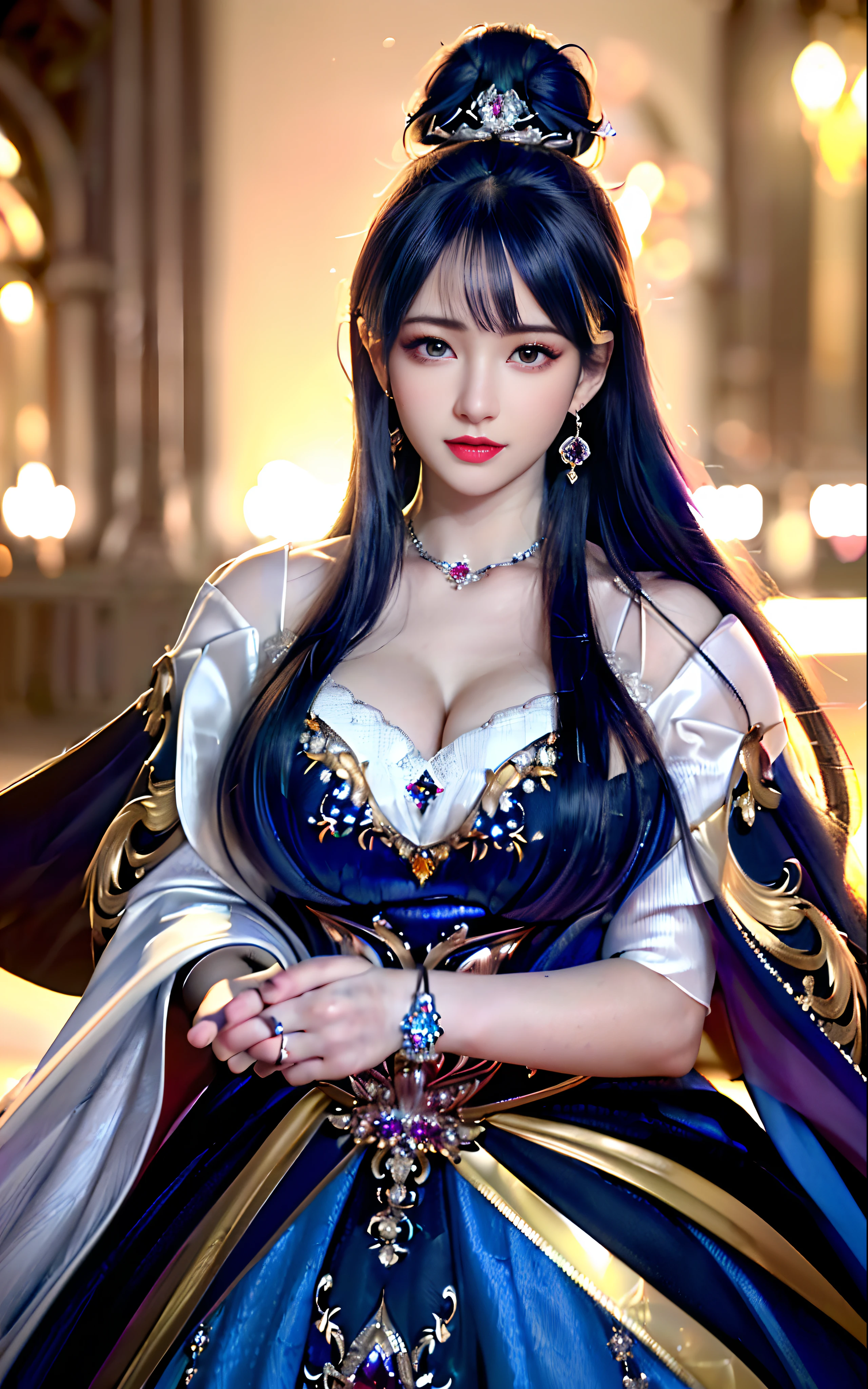 highest quality、masterpiece、8K、Award-winning work、hyper realism、Vampire Princess、恐ろしいVampire Princess、Natural forehead、spooky、white skin、evil makeup、Full body photo 1.2、Close-up of face 1.2、Photographing faces with beautiful composition、the most detailed and beautiful face、a merciless look、look at me、long eyelashes、spookyメイク1.1、black lips、eye shadow、艶のあるblack lips、Finest super high detail skin、The most detailed eyes、(The most luxurious and highest quality giant tiara、The most luxurious and highest quality giant necklace、The most luxurious giant ruby、The most luxurious jewelry decoration、black most luxurious finest princess dress)、cleavage、pitch black background、dim、Beautiful long wavy hair