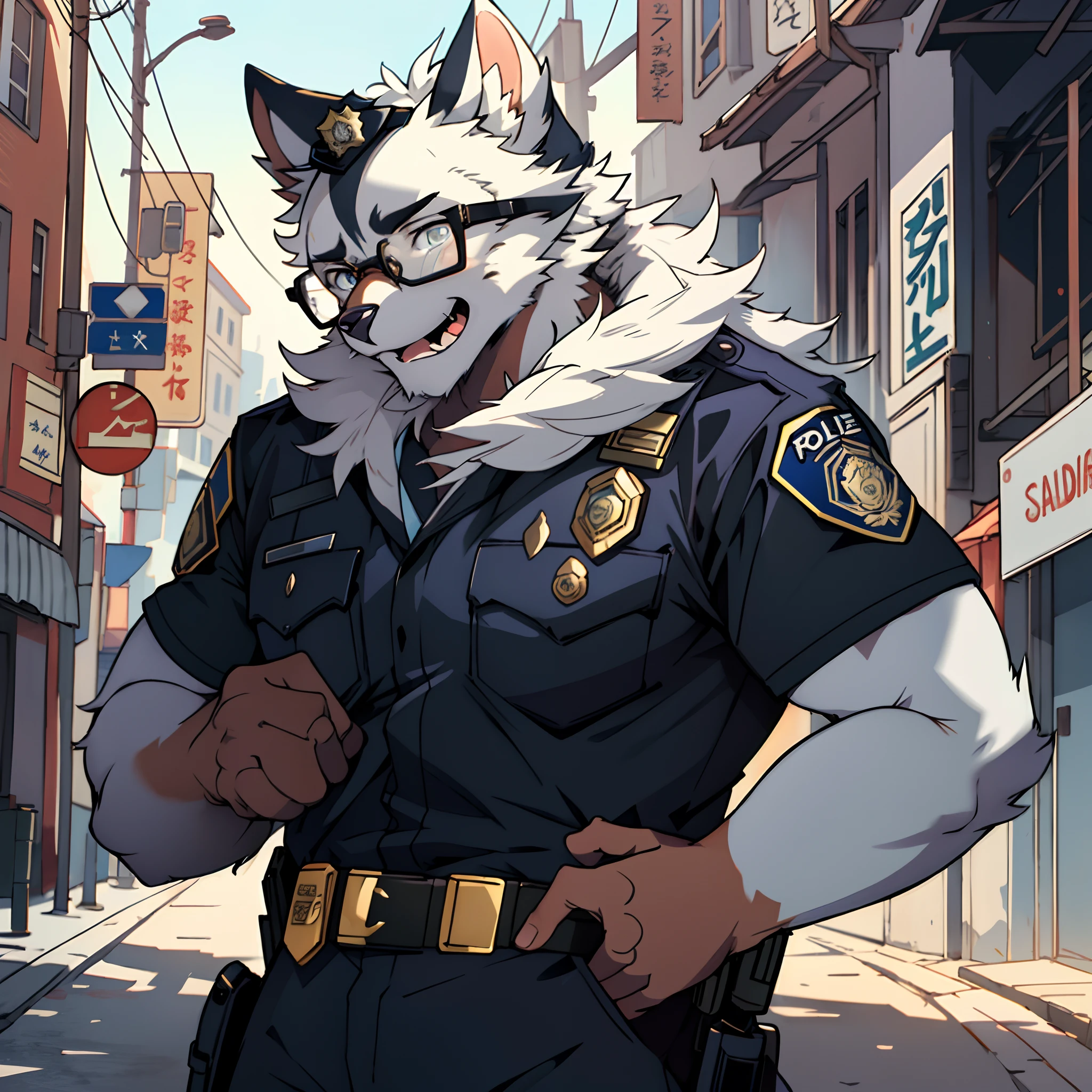 top quality, best quality, super high resolution, detailed background(highly detailed beautiful face and eyes)absurdres, perfect anatomy((angelic nice 1boy, kemono, solo focus, muscle man, beard))(((furry)))(furry anthro:1.7)((((Furry body, dog facial features, dog body features))))((very detailed body fur))full body(dignified)police officer, SWAT, street, muscle, facial hair, volumetric lighting, depth of field, gasping for air, raised crotch, black clothes, ((black police uniform)) shirt,