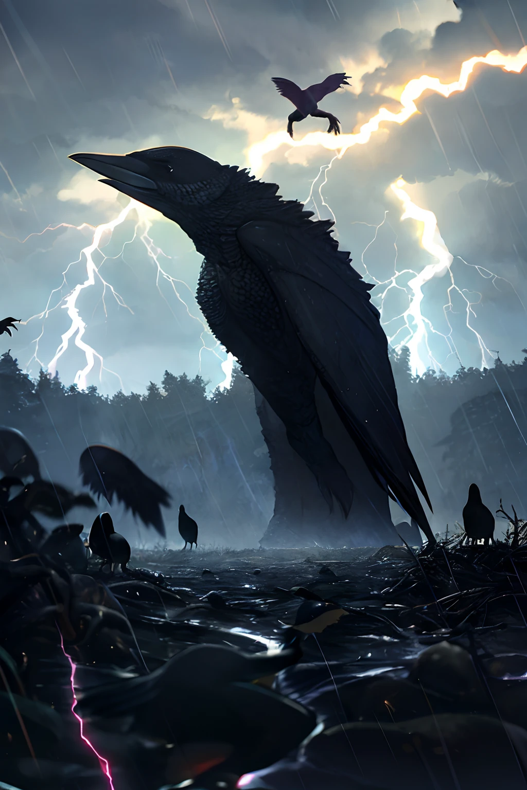 Cthulhu,Monster,Fish,tentaculata，Dark forest，Recife，Small rivers，(Flocks of crows:1.25)，(Thick black smoke:.125),(Lightning:1.25),(heavy rain:1.25)