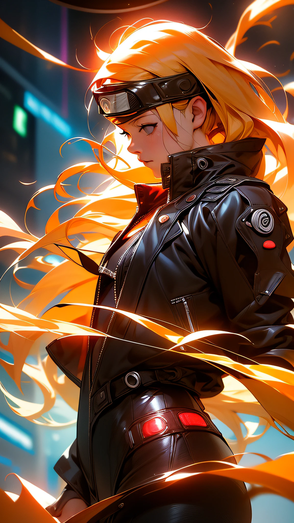 《Naruto》Naruto Hanamaki,Holographic reality,holographic halo,motionblur,Game lighting effects,rim-light,Soft light,cinematic rim light,Delicate light,cyber punk style,Oil painting texture,full-shot,3D art,meticuloso,Futuristic