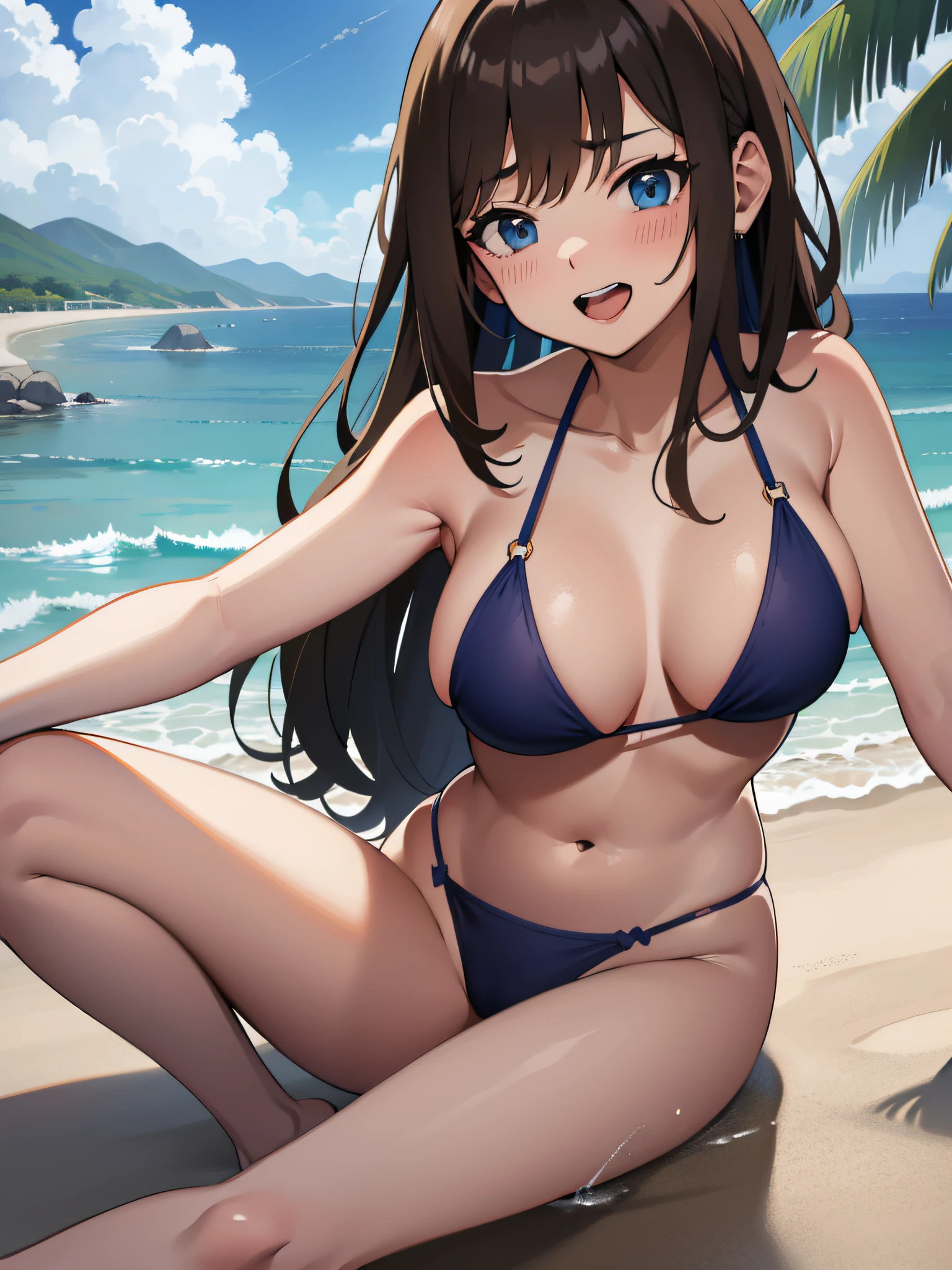 Draw a beautiful 16-year-old girl spending time on the beach。She is a high school student and short in stature、Has long brown hair and blue vivid eyes。Also she is elegant and、has a natural body shape。Her breasts were sized to match her slender figure。Shows feminine shape without being too big。She wears a summery bikini。Her expression is blushing and shyly smiling。Her eyes are slightly downward。She sits triangular on a white sandy beach with a leisure sheet。The pose is relaxing。 A highly detailed、mare、Eau、Splash、Sun'rays、Skysky、 1girl in、独奏、Midou Miu、 looking at the viewers、slight smile、open open mouth、Standing、 Brown-eyed、brown haired、shorth hair、a necklace、Strip Bikini、Glossy Bikini、bare shoulders、highleg、