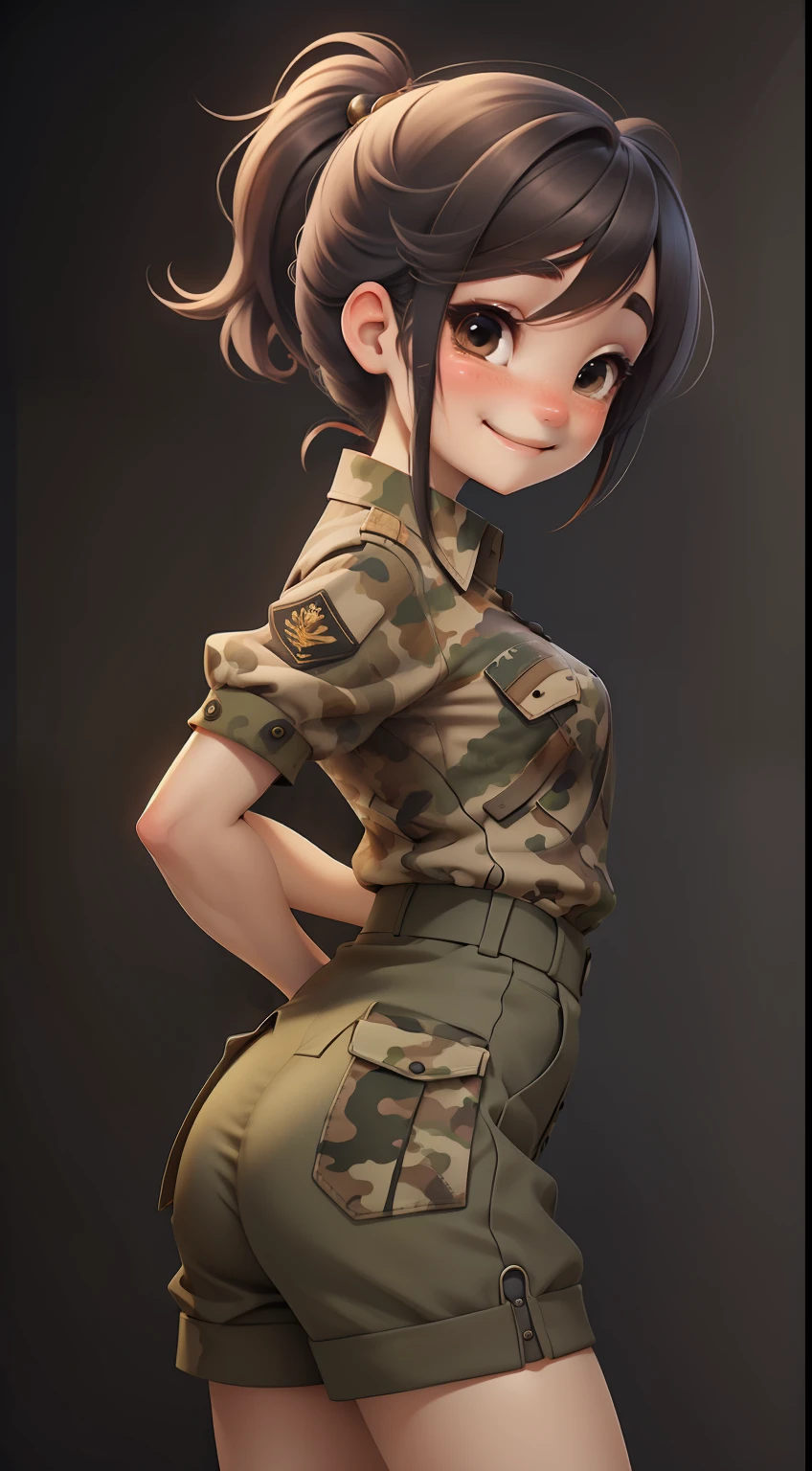 charact. full bodyesbian,Loli Girl, taken, Smiles and refined eyes, full bodyesbian,simple backgound, best qualityer,chineseidol,black ponytail,short- sleeved,camouflage uniform