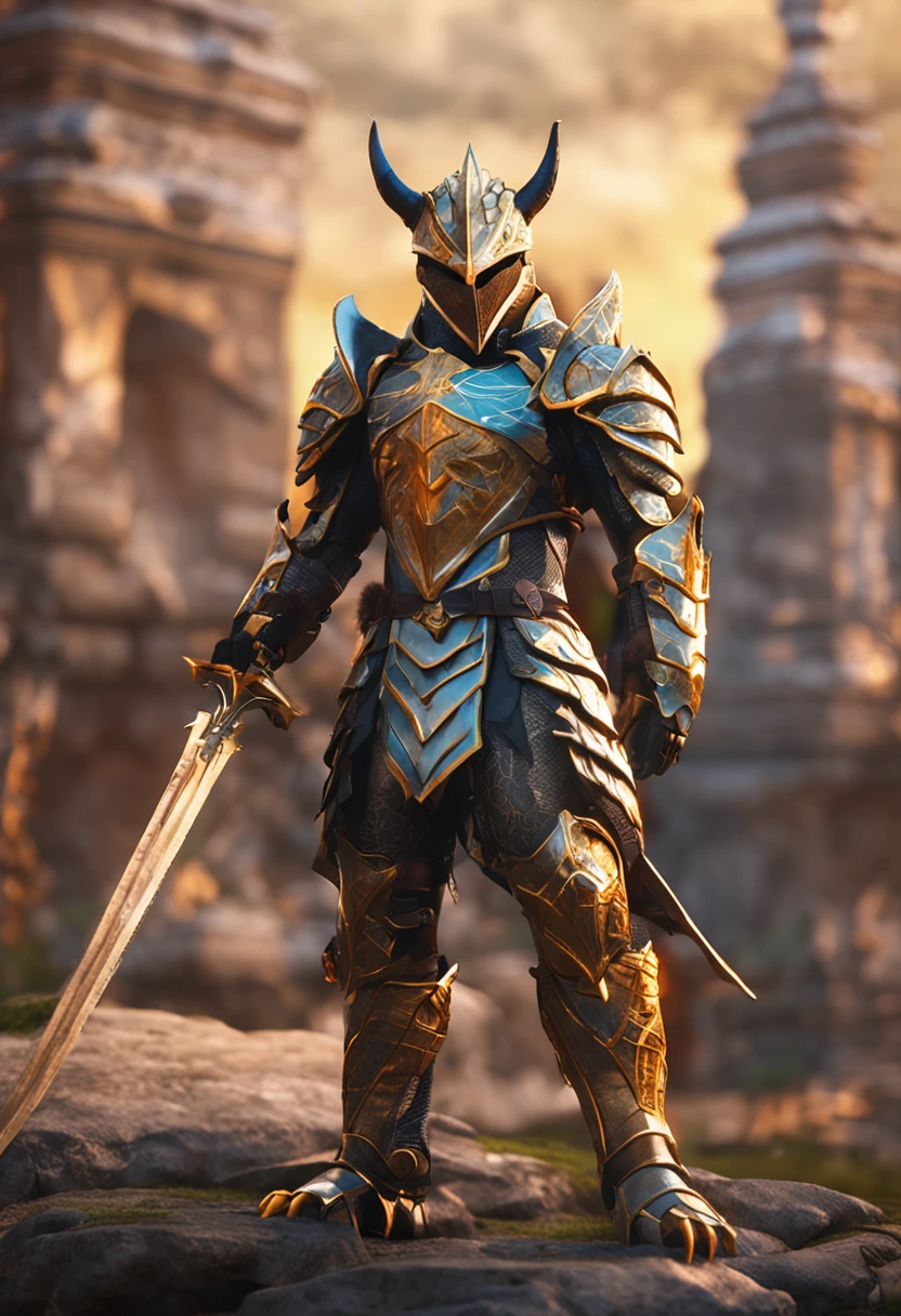 Valiant Dragon Knight,shinning armor,Golden eye,tiny ears,Boy role-playing,Long tail,Tattoos all over the body,Colored scales,Favorable claws,There are lines,great proportion,full body shot shot,The background is changeable,anime big breast,illustration,a color,3D,Extremely high image quality,ultra - detailed,Ultra photo realsisim,High resolution resolution