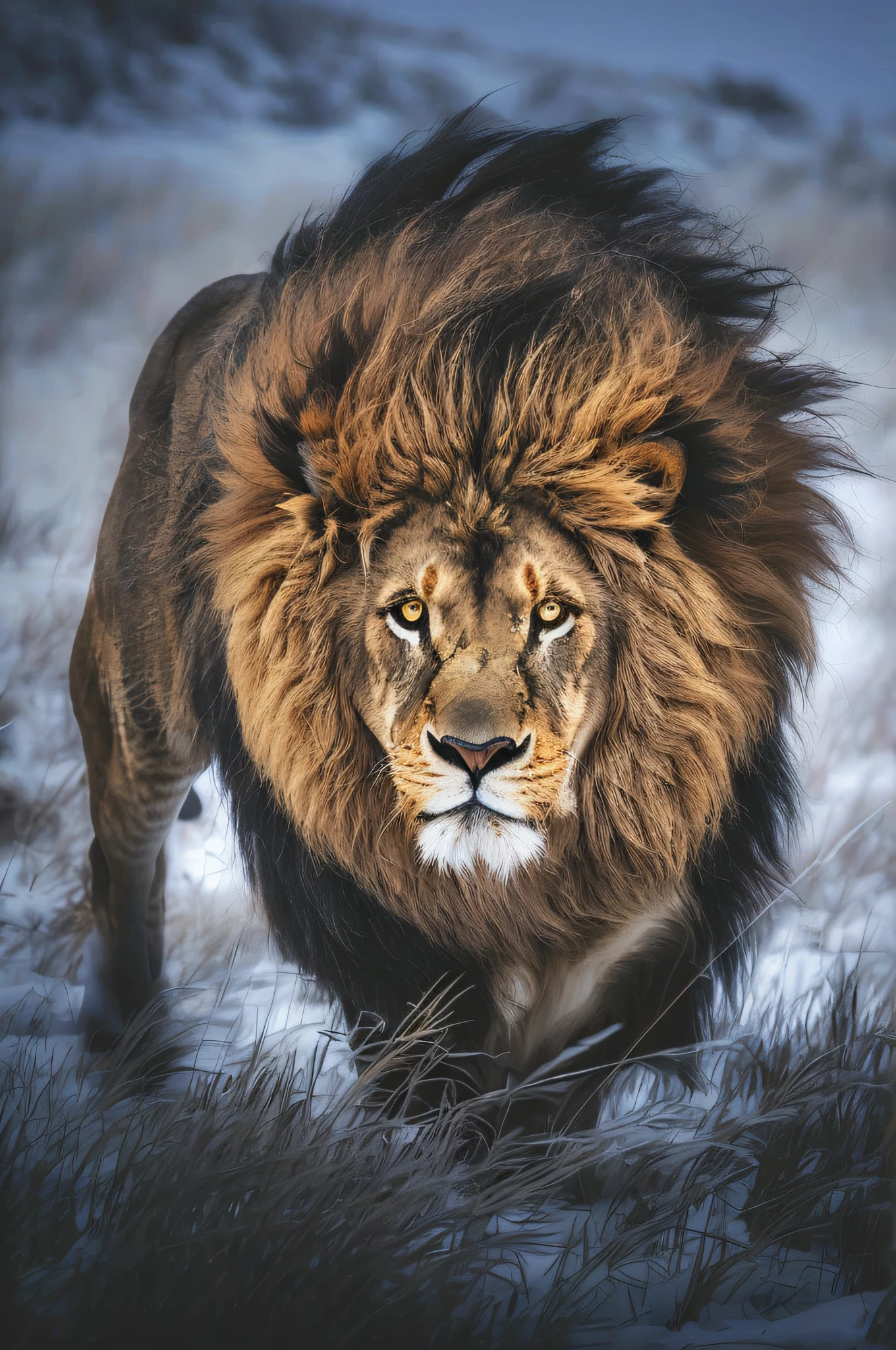 Araffe andando na neve com uma grande juba, with the mane of a lion, the mane of a lion, Rei da selva, majestoso!!! Beautiful!!!, Aslan the Lion, portrait of a lion, lion mane, fierce expression, forte e feroz, lion warrior, fierce expression 4k, face of an lion, olhar intimidador, half lion