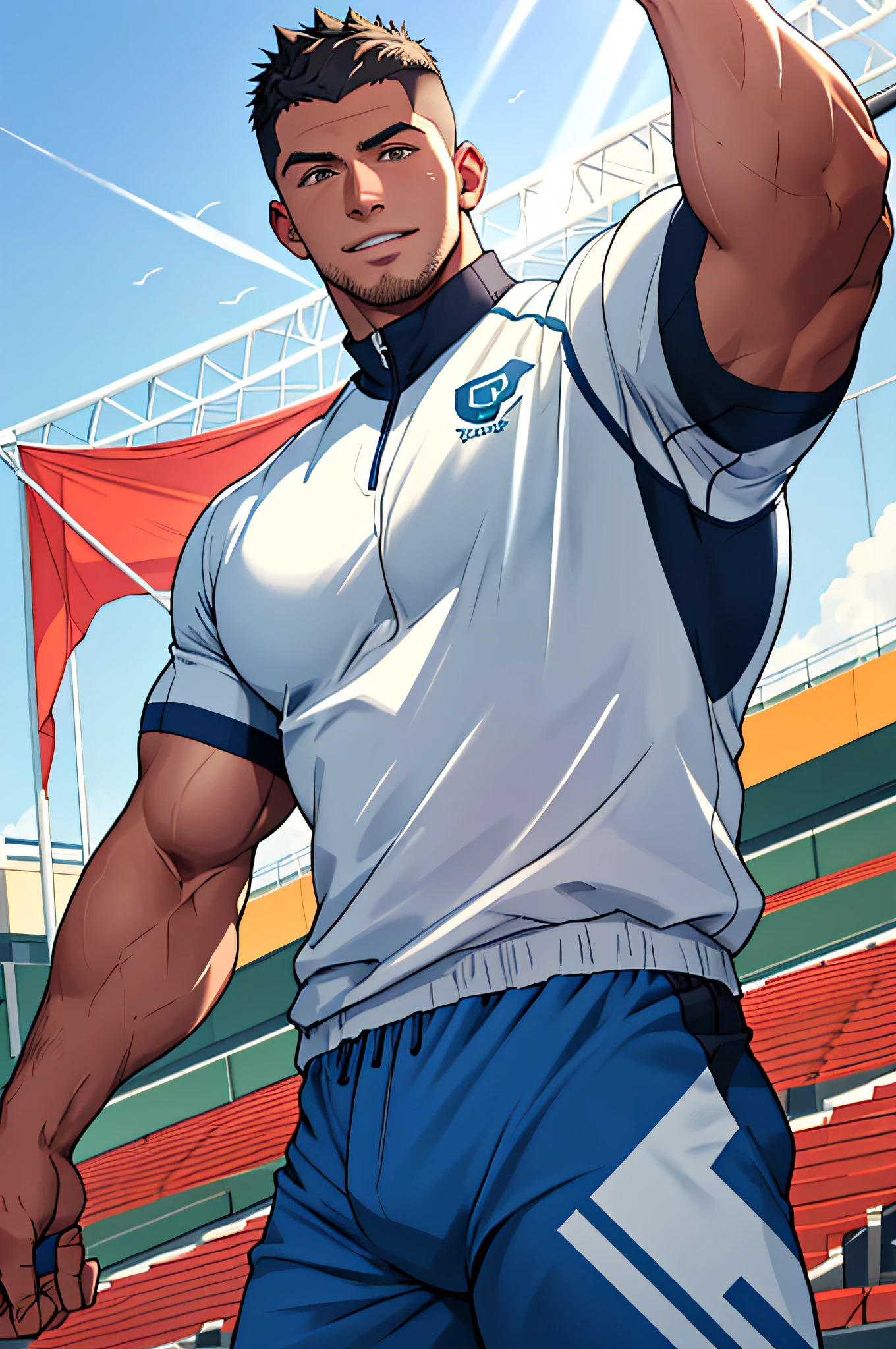Draw a full-fledged athlete,Stand on the central field of the gym,He wears high-end sportswear,The man looks confident and determined,rays of sunshine,cheerful big breasts,Handsome,Crew cut,full bodyesbian,shooting from below,