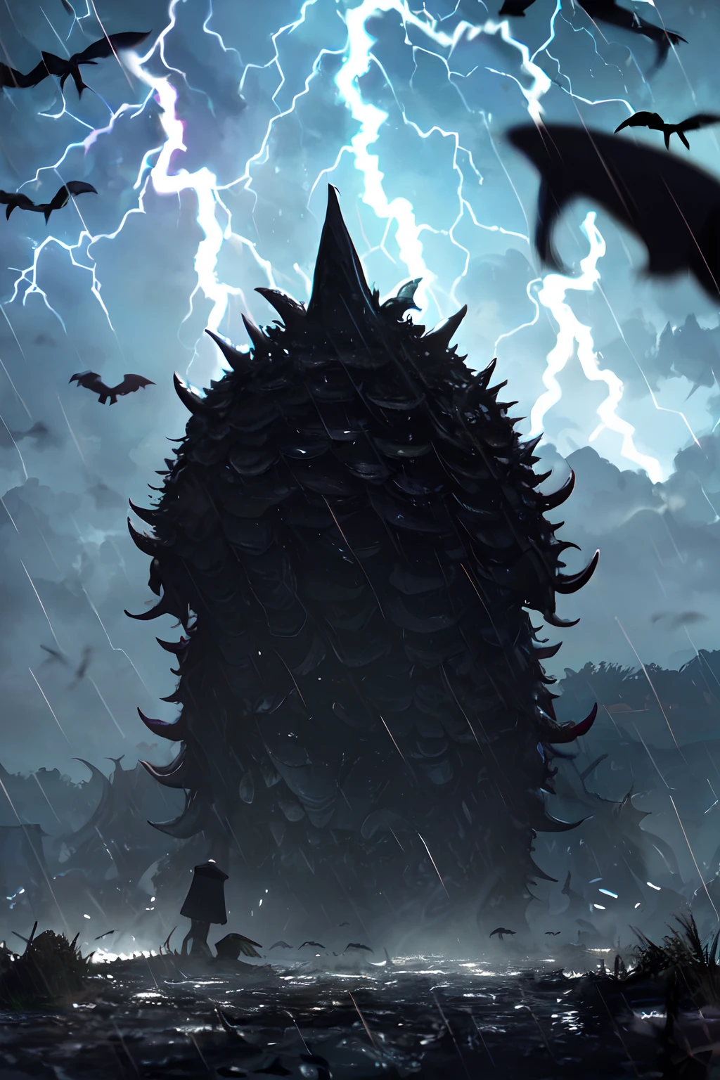Cthulhu,Monster,Fish,tentaculata,Dark forest,Recife,Small rivers,(Flocks of crows:1.25),(Thick black smoke:1.25),(Lightning:1.25),(heavy rain:1.25)