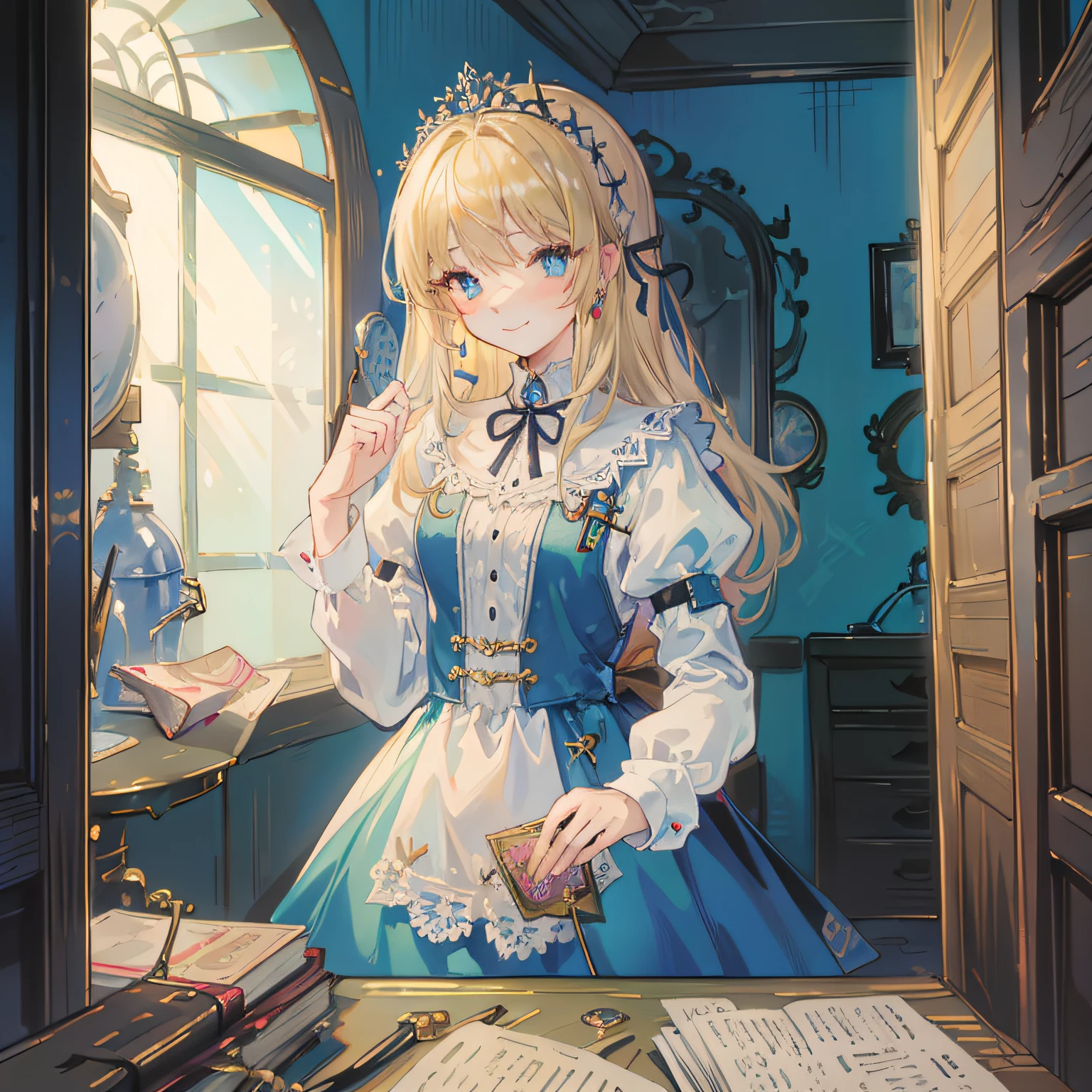 (​masterpiece,8K,top-quality),(alice in the wonderland),girl with,Watches,trump card.heart mark,blond Long Hair,((Soft light)),A smile,Wonderland,Blue Ribbon Hair Ornament,optic,Pedras preciosas,Clean five-fingered hands