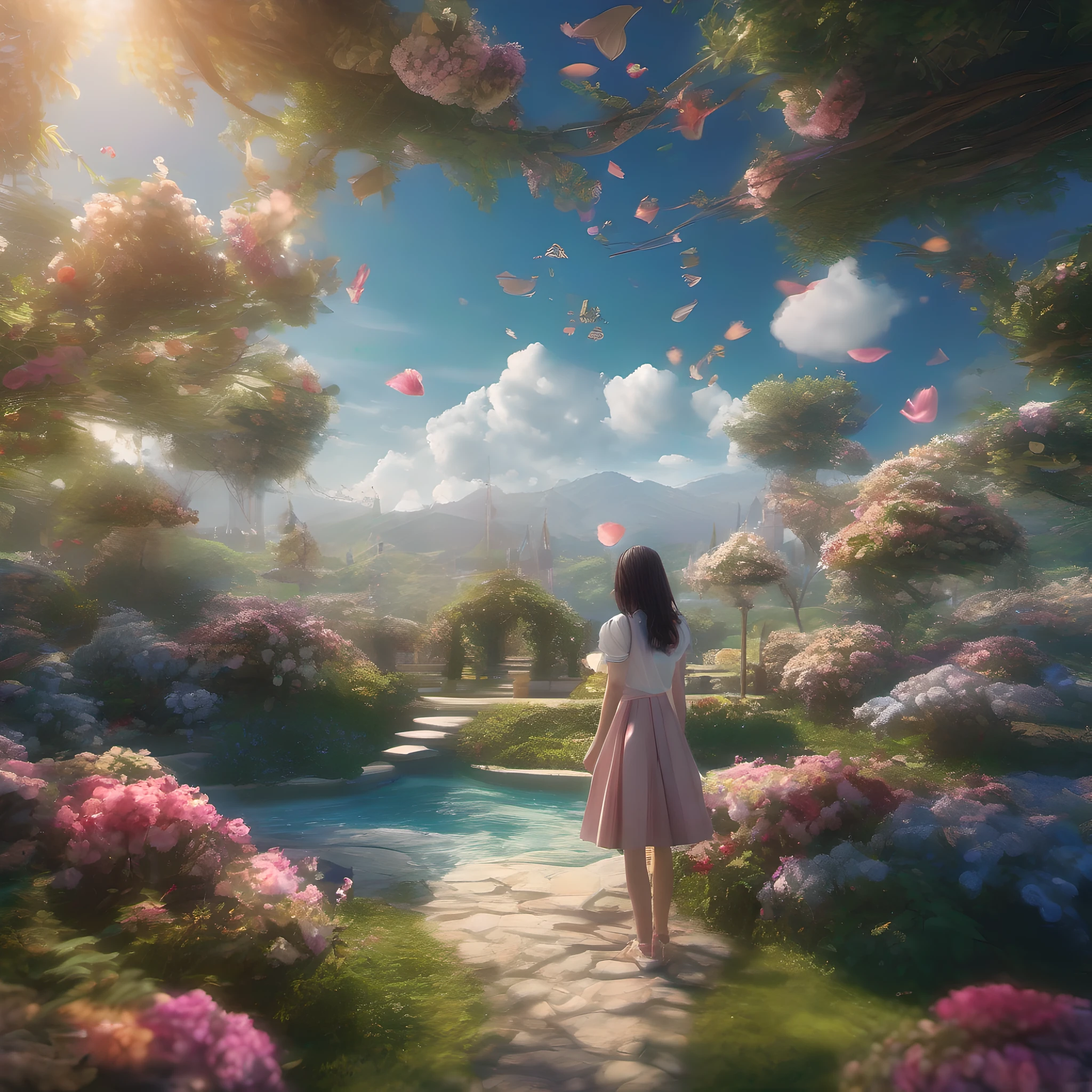 ccurate, best quality, masterpiece, UHD, high details, award winning, (Amazing:2.0), (Surrealism), Conceptual art, Verism, cinematic lighting, floating island in the sky, (((beautiful flower garden))), Horizon, blue sky, paradise scenery, flowers, wind flow, (((fantasy))), frontier, (magnificent space), blurry foreground, bokeh, Hasselblad, lens flare, beautiful school girl, (r old)(((full body)))), from behind, she moving, without looking at me, (((wearing school uniform))), black eyes, black hair, (floating hair), ((8 life size)), detailed hairstyles, detailed bodyline, anatomically correct, cute face, ((accurately portray her)),