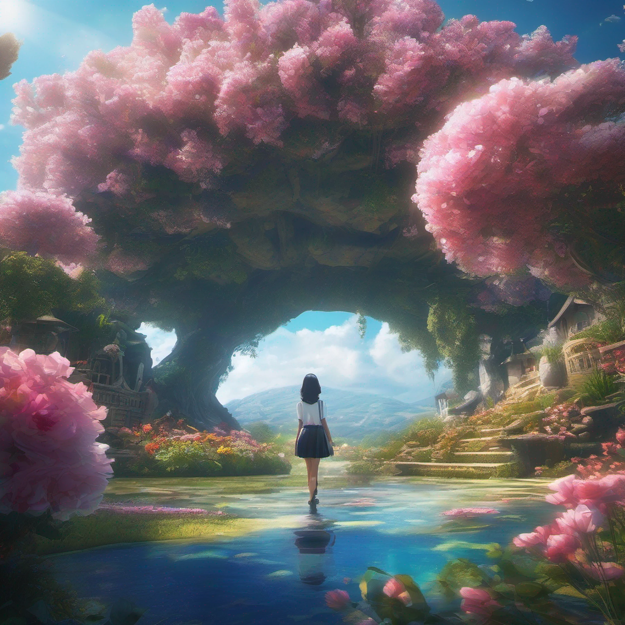 ccurate, best quality, masterpiece, UHD, high details, award winning, (Amazing:2.0), (Surrealism), Conceptual art, Verism, cinematic lighting, floating island in the sky, (((beautiful flower garden))), Horizon, blue sky, paradise scenery, flowers, wind flow, (((fantasy))), frontier, (magnificent space), blurry foreground, bokeh, Hasselblad, lens flare, beautiful school girl, (17 yr old), ((((full body)))), from behind, she moving, without looking at me, (((wearing school uniform))), black eyes, black hair, (floating hair), ((8 life size)), detailed hairstyles, detailed bodyline, anatomically correct, cute face, ((accurately portray her)),