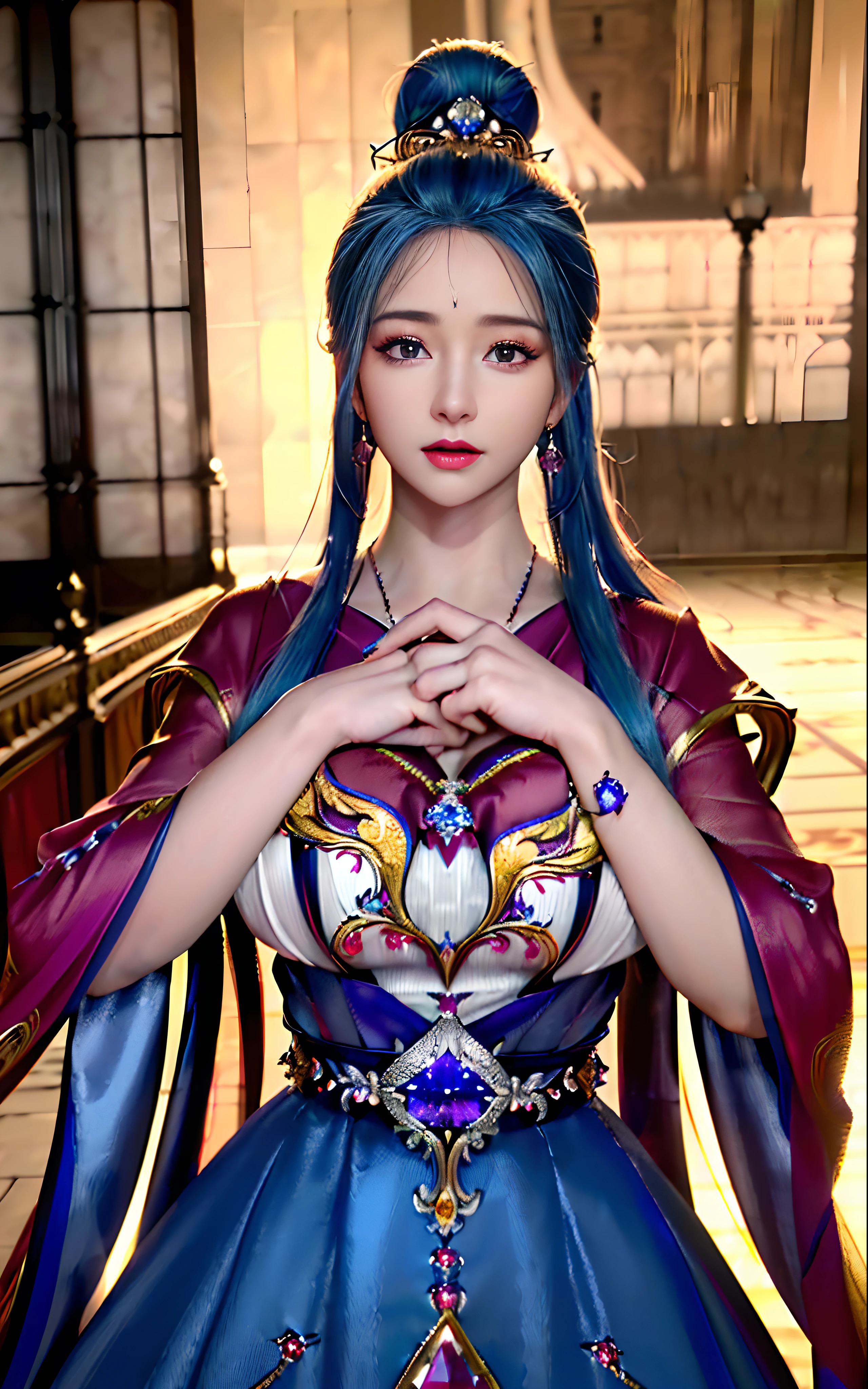 ((realisticity: 1.2)), ((realistic: 8K UHD)), ((best resolution: 8K UHD)), hyper detailed, best quality,masterpiece,highres,cg, ((1 girl hyper detailed and hyper realistic) ) , ((beautiful queen, hyper realistic and hyper detailed)),((white skin, beautiful, smooth, youthful, hyper realistic and hyper detailed )), ((Face hyper beautiful, white, hyper realistic and hyper detailed ) ), long hair, ((hyper realistic and hyper detailed dress)), solo, ((hyper realistic, hyper beautiful, beautiful and hyper detailed jewelry)), ((hyper beautiful deep red and golden yellow dress, hyper realistic and hyper detailed )) , ((Her pretty, hyper realistic, hyper detailed diamond filled earrings)), ((Her gorgeous diamond haircut, hyper realistic and hyper detailed)), ((hyper pretty upper body, hyper beautiful, hyper realistic and hyper detailed) ), ((medium breast: 1.1)), ((hyper realistic, hyper pretty, hyper detailed boobs)), ((the backgroun of the royal palace is hyper majestic, hyper realistic and hyper detailed)),((hands and palms hyper beautiful, hyper detailed, hyper realistic)), ((hyper detailed and hyper realistic fingers and fingernails)), ((hyper pretty fingernails, hyper vivid, hyper detailed, hyper realistic)), ((thumb, index finger, middle finger, ring finger, little finger hyper vivid, hyper pretty, hyper detailed, hyper realistic)),  
((hyper beautiful fingers, hyper detailed, and hyper realistic)), ((posture not too fat and not too thin, hyper realistic, hyper detail)), ((hyper pretty, hyper pretty, hyper realistic and hyper detailed hair bun)), ((hyper pretty , hyper realistic and hyper detailed blue hair)), candid, Photo, high resolution, 8k , bokeh,
