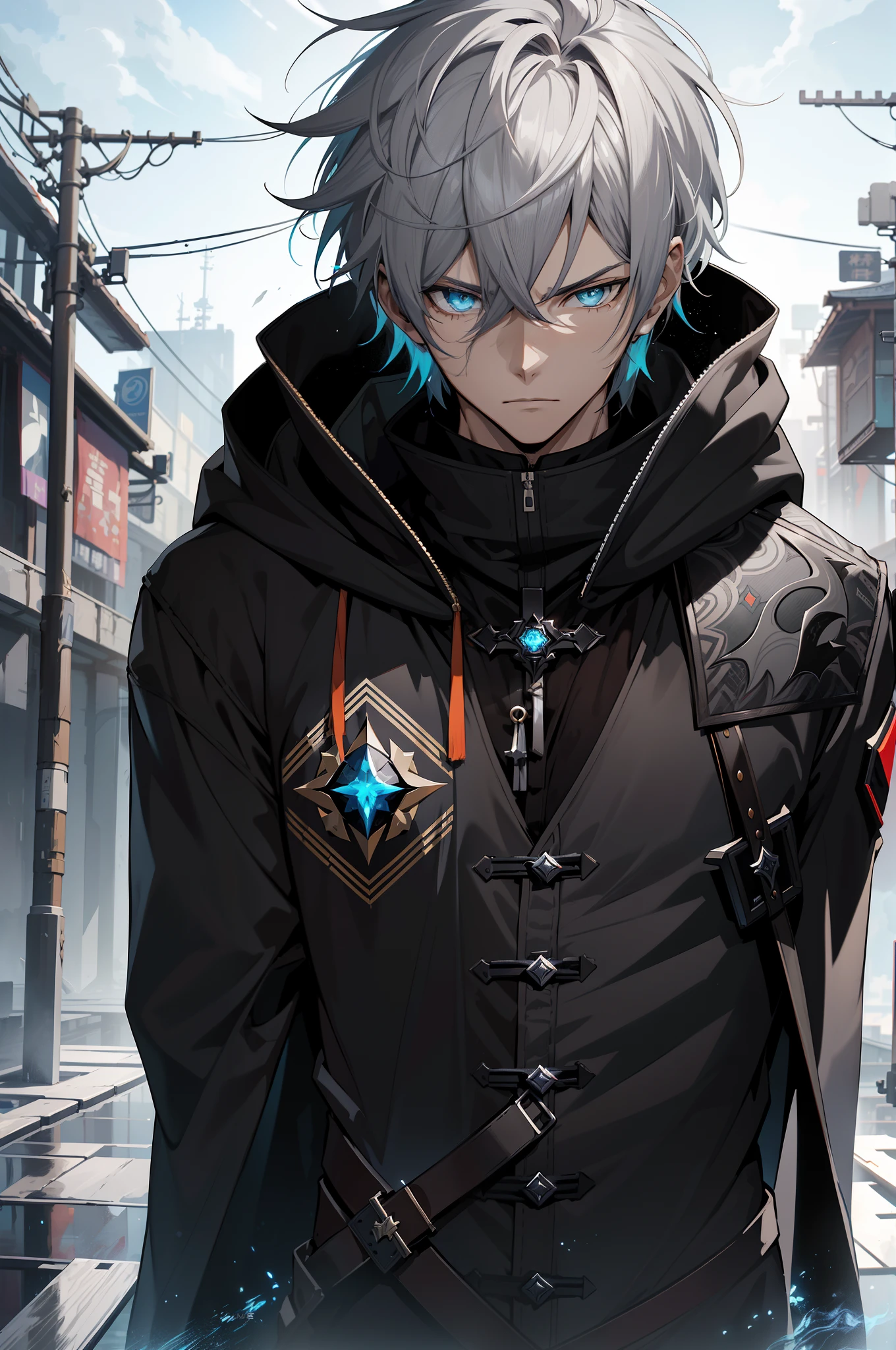 Cyberpunk male，fansty world，background inside dark，Clean design，Epic Instagram，art  stations，Colorful paint splashes，contours，Hyper-detailed intricate details，unreal-engine，fanciful，Complicated details，splash image，complementary colours，fantasy concept art，8K分辨率，A masterpiece of deviantart，oil painted，Heavy strokes，paint drips，（Isolate on a white background：1.3），Rainbow skins，(((A handsome young))), ((Teenage:1.5)), (glow blue eyes), ((Eyes have light))，((((Short gray hair:1.1))), ((black-clad)), (prinz\\(Indifferent expression\\),, (((Wearing a luxurious black robe with high details))), A head of white hair，Frost magic，((chest muscle) ，Anime characters armed with swords and blue light, Keqing from Genshin Impact, Detailed key anime art, handsome guy in demon killer art, Genshin impact's character, Detailed digital anime art, Genshin, Key anime art, detailed anime character art, Badass anime 8 K, nagito komaeda, Anime epic artwork, Anime fantasy illustration --v 6