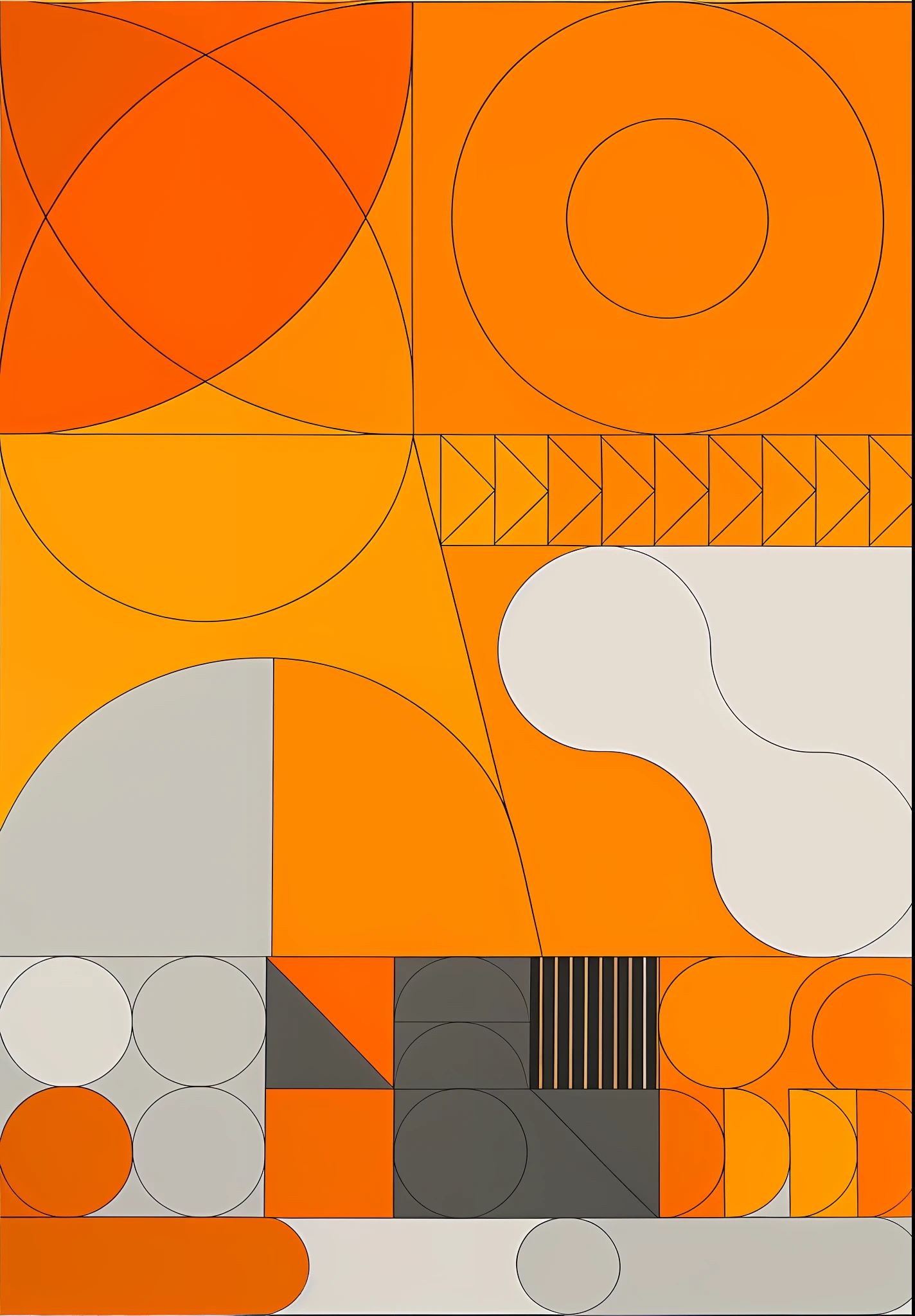 Geometric design drawing on black and white background, complex shapes, Inspired by Joseph Bullock, Inspired by Stanton McDonald-Wright, simplified shapes, Mesh montage of shapes, inspired by Andrei Kolkoutine, graphic shapes, Inspired by Joseph Navratil, circle forms, Inspired by Jose Lifrinks, outlines, simple shapes, The disconnected shape has many close-ups of posters in different colors, , unearthly art style, Young face, Youth, age, Youthful, inspired by Yanjun Cheng, Exhibition, artwork of a, Chiba Yuda, Art Exhibition Orange-yellow gradient