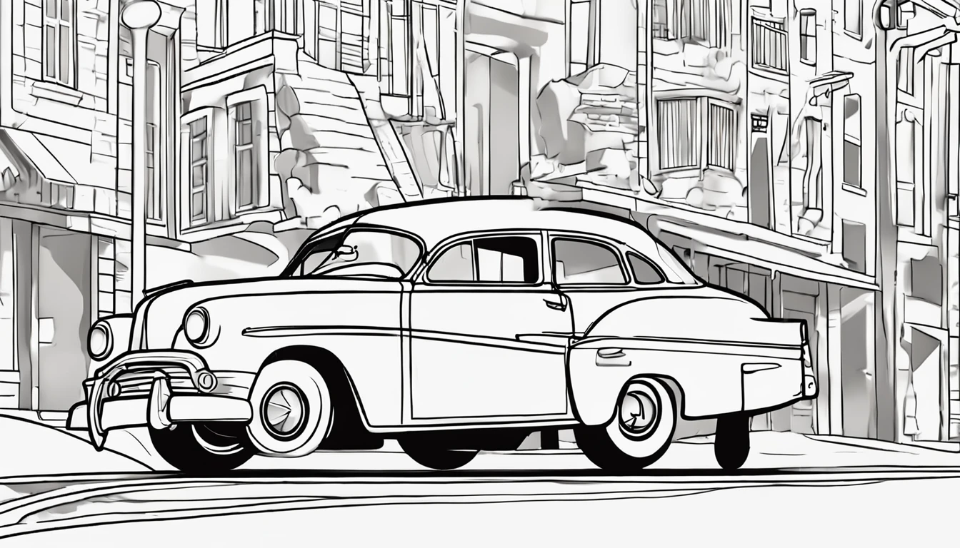 Use the image above to create an illustration of vintage black and white cars with straight lines and a look similar to a children's coloring book page. Make sure there is no noise and that the lines are thick and sharp like contour art. Change the aspect ratio to 2:3 e foco em um quadro vertical da imagem