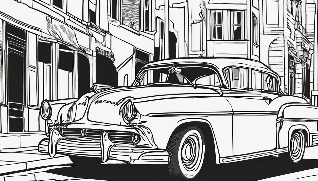 Use the image above to create an illustration of vintage black and white cars with straight lines and a look similar to a children's coloring book page. Make sure there is no noise and that the lines are thick and sharp like contour art. Change the aspect ratio to 2:3 e foco em um quadro vertical da imagem