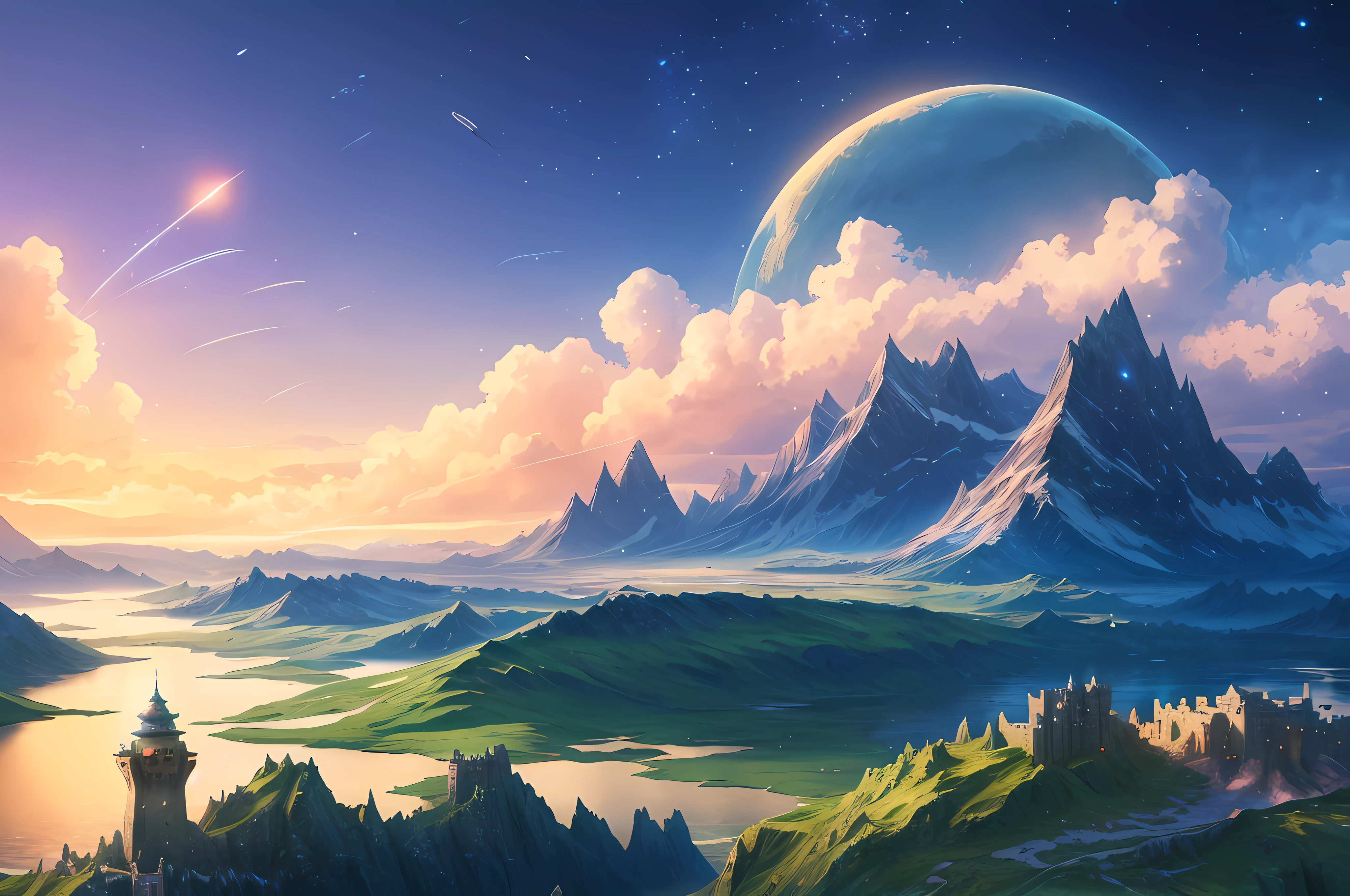 Mountains and lakes,Castle building,Shock the fantasy landscape,Sci-fi fantasy wallpaper,Fantasy art landscape,4K highly detailed digital art,Concept art wallpaper,planetarylandscape,Sci-fi fantasy desktop wallpaper,Amazing wallpapers,Fantasy landscape,Alien world landscape,sci-fiish landscape,fantasy planet,4K fantasy art,High fantasy landscape