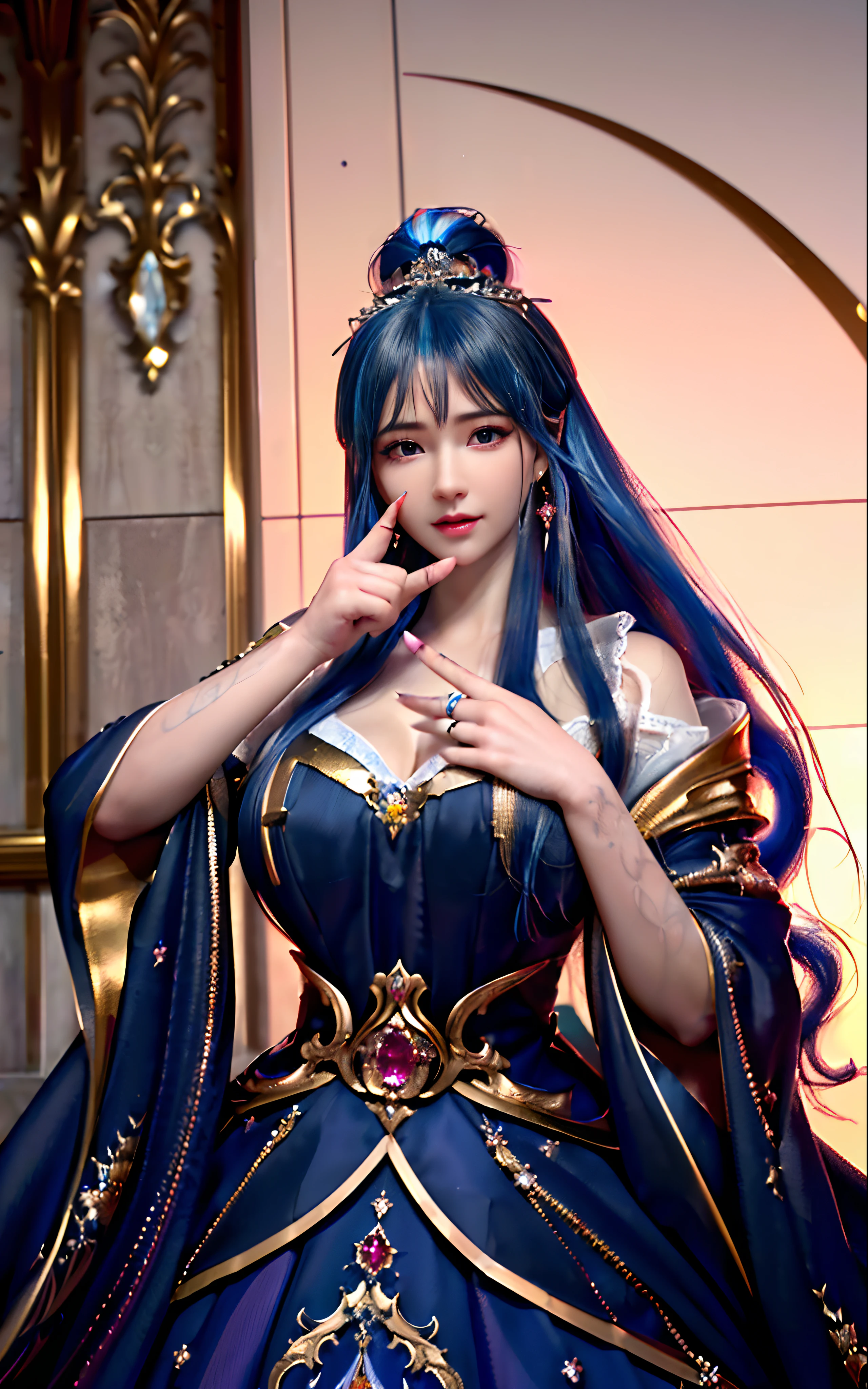 ((realisticity: 1.2)), ((realistic: 8K UHD)), ((best resolution: 8K UHD)), hyper detailed, best quality,masterpiece,highres,cg, ((1 girl hyper detailed and hyper realistic) ) , ((beautiful queen, hyper realistic and hyper detailed)),((white skin, beautiful, smooth, youthful, hyper realistic and hyper detailed )), ((Face hyper beautiful, white, hyper realistic and hyper detailed ) ), long hair, ((hyper realistic and hyper detailed dress)), solo, ((hyper realistic, hyper beautiful, beautiful and hyper detailed jewelry)), ((hyper beautiful deep red and golden yellow dress, hyper realistic and hyper detailed )) , ((Her pretty, hyper realistic, hyper detailed diamond filled earrings)), ((Her gorgeous diamond haircut, hyper realistic and hyper detailed)), ((hyper pretty upper body, hyper beautiful, hyper realistic and hyper detailed) ), ((medium breast: 1.1)), ((hyper realistic, hyper pretty, hyper detailed boobs)), ((the backgroun of the royal palace is hyper majestic, hyper realistic and hyper detailed)),((hands and palms hyper beautiful, hyper detailed, hyper realistic)), ((hyper detailed and hyper realistic fingers and fingernails)), ((hyper pretty fingernails, hyper vivid, hyper detailed, hyper realistic)), ((thumb, index finger, middle finger, ring finger, little finger hyper vivid, hyper pretty, hyper detailed, hyper realistic)),  
((hyper beautiful fingers, hyper detailed, and hyper realistic)), ((posture not too fat and not too thin, hyper realistic, hyper detail)), ((hyper pretty, hyper pretty, hyper realistic and hyper detailed hair bun)), ((hyper pretty , hyper realistic and hyper detailed blue hair)), candid, Photo, high resolution, 8k , bokeh,