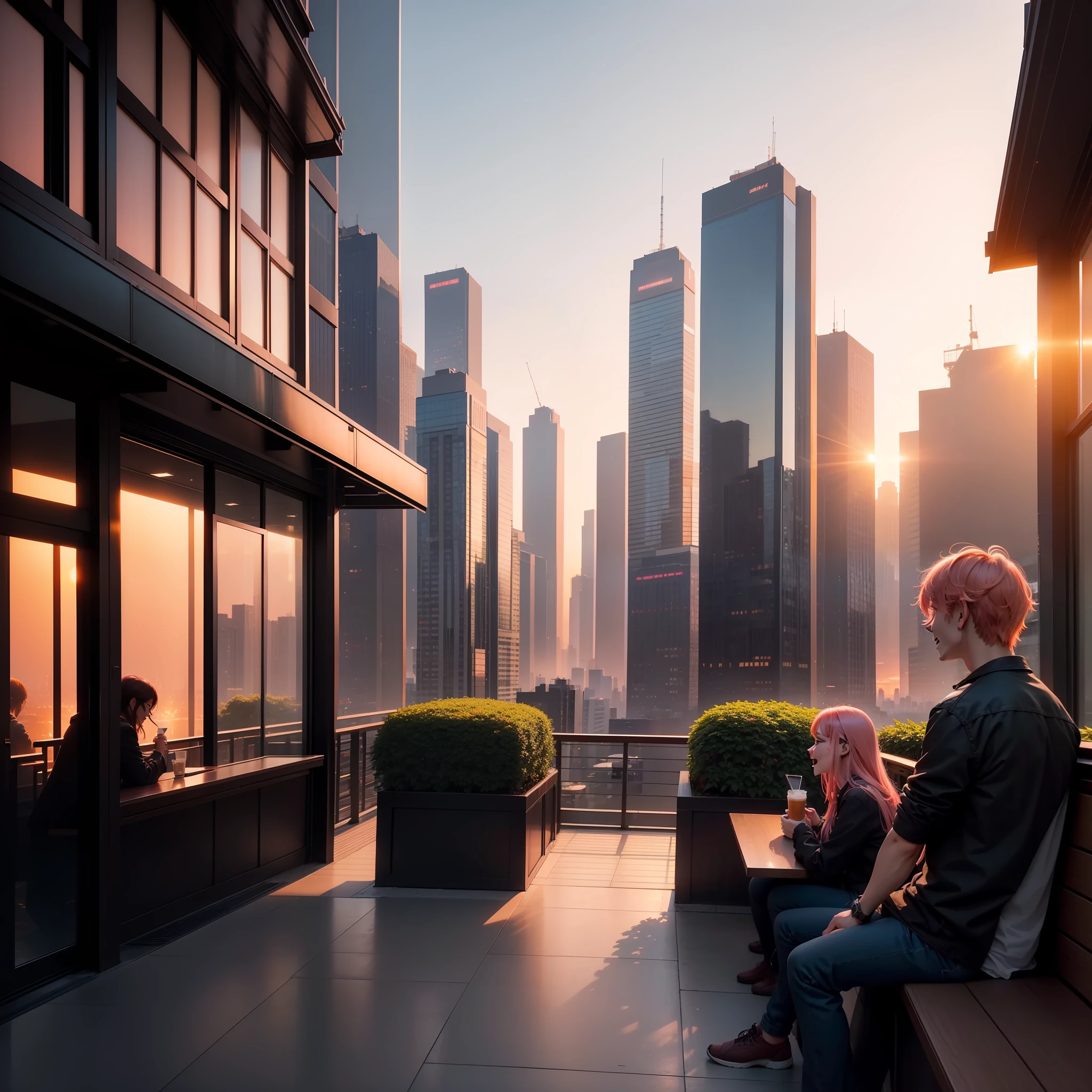 at the sunset, 城市, Skyscrapers, a person々Flow of, Building windows, Warm light, Walkway, a person々, cafe terrace, Friends, Laughing, Skysky, an orange, pink there, tints, Urban hustle and bustle, Beautiful sunset, harmony