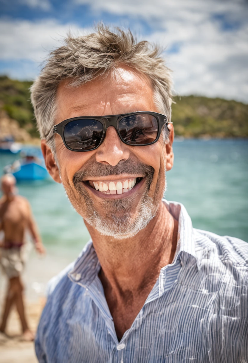 smiling man in sunglasses on a boat in front of a rocky beach, a picture by Lee Loughridge, shutterstock, shin hanga, stephen outram, peter lloyd, christophe szpajdel, thierry rouzier, stefan morrell, andreas m wiese, alain beneteau, steven wiltshire, Vincent Maréchal, alexandros pyromallis
