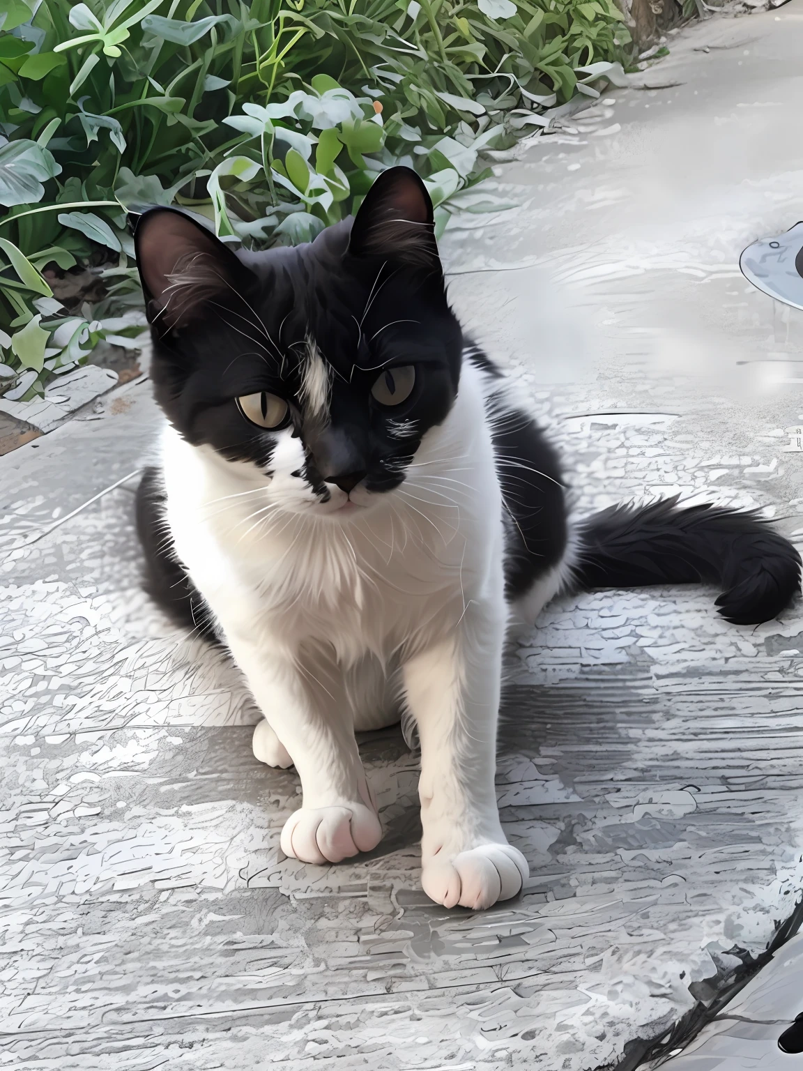 There is a black and white cat sitting on the sidewalk, Black and white cat, photo of a cat, cute furry needs your help, beautiful picture of stray, cat female with a whit and chest, looking towards camera, sfv, taken with sony alpha 9, looking to the camera, anthropomorphic female cat, tuxedo cat, felix the cat