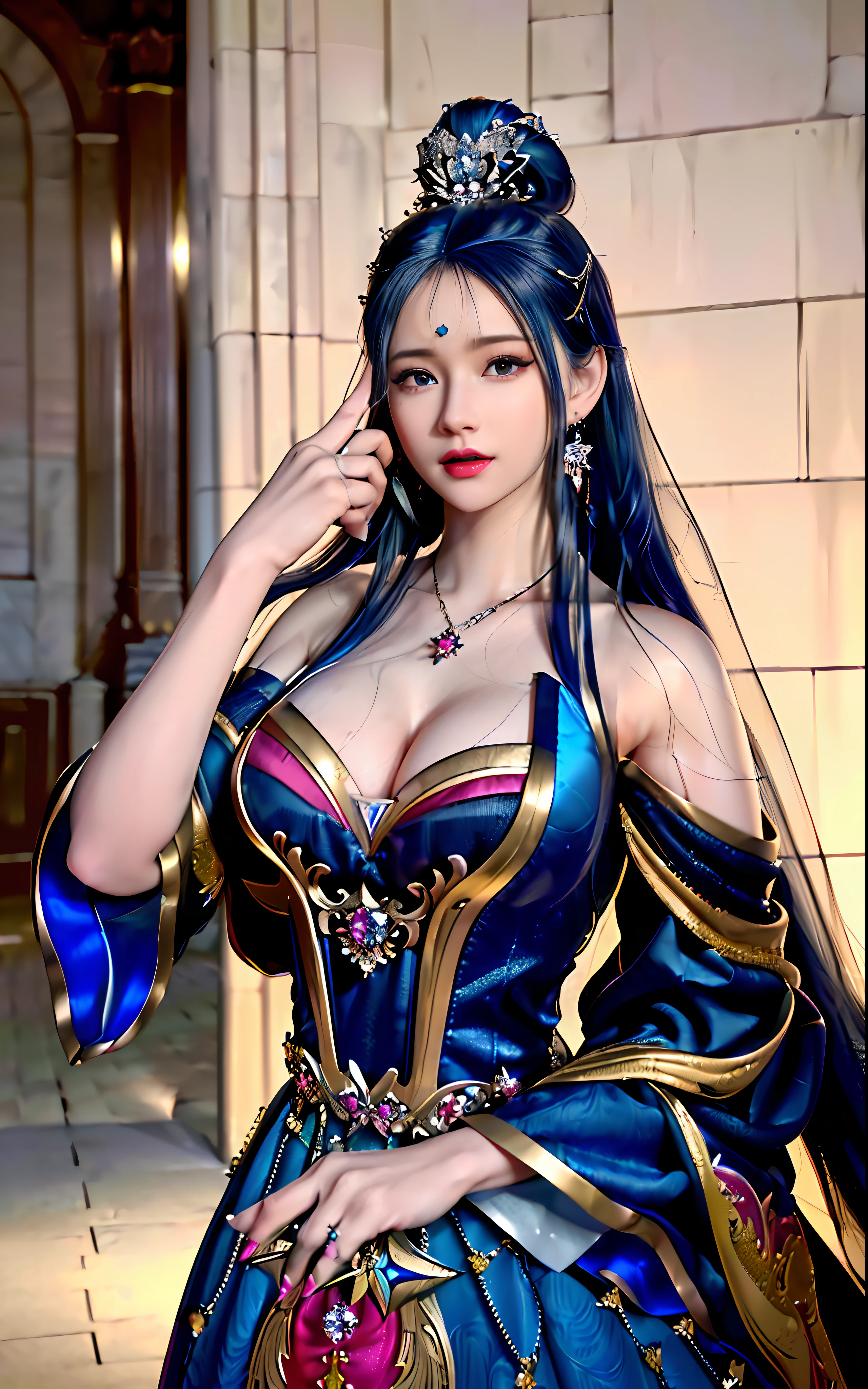 ((realisticity: 1.2)), ((realistic: 8K UHD)), ((best resolution: 8K UHD)), hyper detailed, best quality,masterpiece,highres,cg, ((1 girl hyper detailed and hyper realistic) ) , ((beautiful queen, hyper realistic and hyper detailed)),((white skin, beautiful, smooth, youthful, hyper realistic and hyper detailed )), ((Face hyper beautiful, white, hyper realistic and hyper detailed ) ), long hair, ((hyper realistic and hyper detailed dress)), solo, ((hyper realistic, hyper beautiful, beautiful and hyper detailed jewelry)), ((hyper beautiful deep red and golden yellow dress, hyper realistic and hyper detailed )) , ((Her pretty, hyper realistic, hyper detailed diamond filled earrings)), ((Her gorgeous diamond haircut, hyper realistic and hyper detailed)), ((hyper pretty upper body, hyper beautiful, hyper realistic and hyper detailed) ), ((medium breast: 1.1)), ((hyper realistic, hyper pretty, hyper detailed boobs)), ((the backgroun of the royal palace is hyper majestic, hyper realistic and hyper detailed)),((hands and palms hyper beautiful, hyper detailed, hyper realistic)), ((hyper detailed and hyper realistic fingers and fingernails)), ((hyper pretty fingernails, hyper vivid, hyper detailed, hyper realistic)), ((thumb, index finger, middle finger, ring finger, little finger hyper vivid, hyper pretty, hyper detailed, hyper realistic)),
((hyper beautiful fingers, hyper detailed, and hyper realistic)), ((posture not too fat and not too thin, hyper realistic, hyper detail)), ((hyper pretty, hyper pretty, hyper realistic and hyper detailed hair bun)), ((hyper pretty , hyper realistic and hyper detailed blue hair)), candid, Photo, high resolution, 8k , bokeh,
