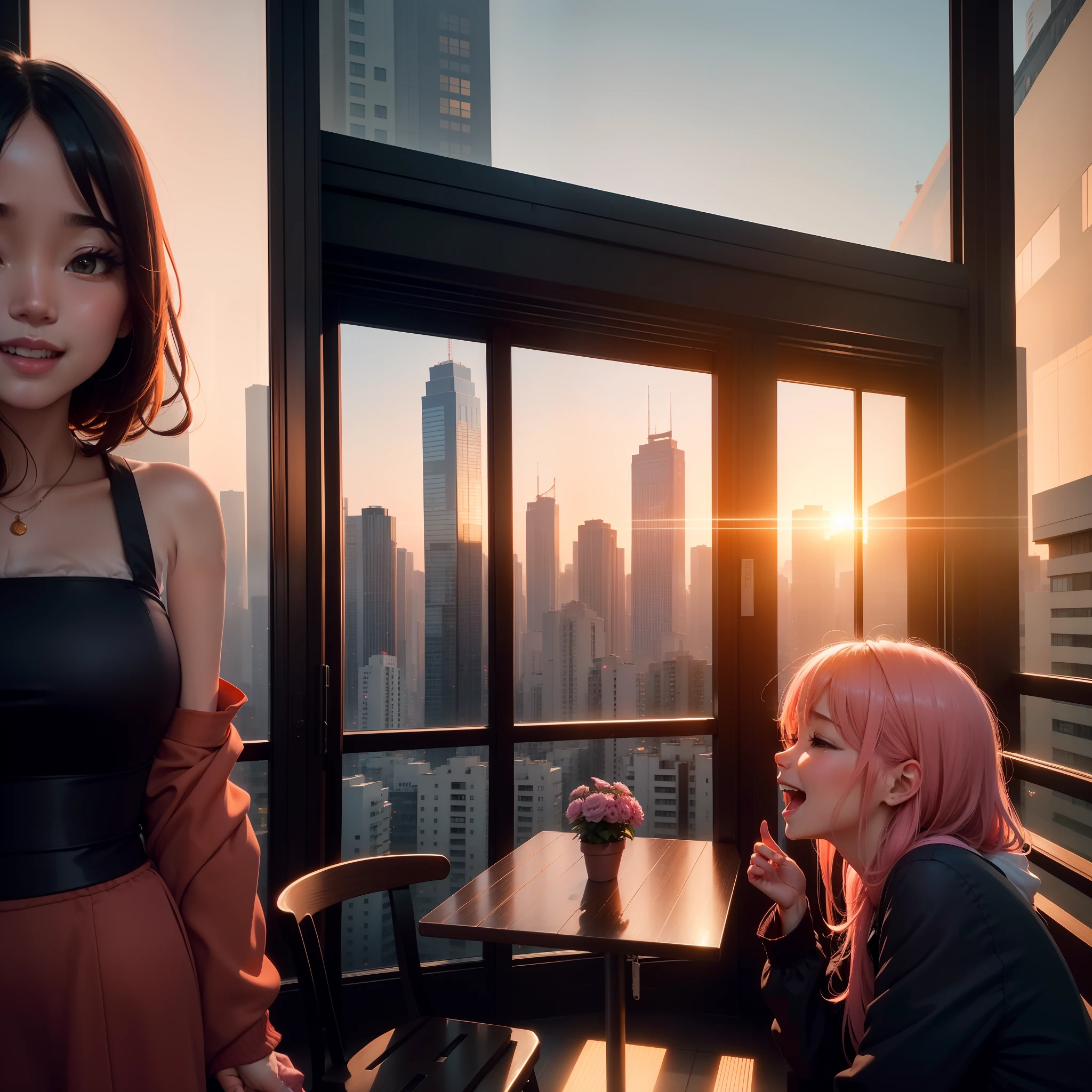 at the sunset, 城市, Skyscrapers, a person々Flow of, Building windows, Warm light, Walkway, a person々, cafe terrace, Friends, Laughing, Skysky, an orange, pink there, tints, Urban hustle and bustle, Beautiful sunset, harmony