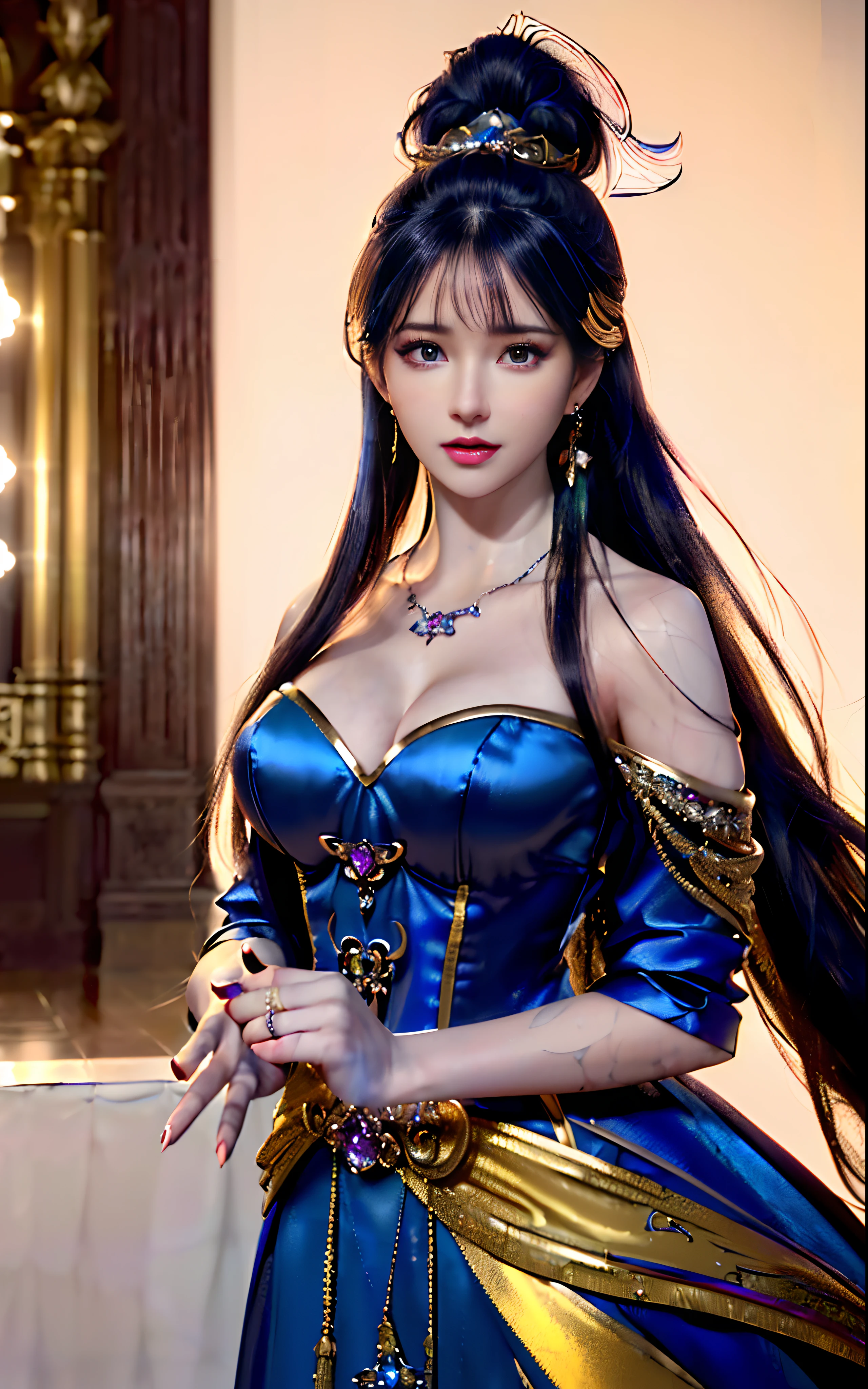 ((realisticity: 1.2)), ((realistic: 8K UHD)), ((best resolution: 8K UHD)), hyper detailed, best quality,masterpiece,highres,cg, ((1 girl hyper detailed and hyper realistic) ) , ((beautiful queen, hyper realistic and hyper detailed)),((white skin, beautiful, smooth, youthful, hyper realistic and hyper detailed )), ((Face hyper beautiful, white, hyper realistic and hyper detailed ) ), long hair, ((hyper realistic and hyper detailed dress)), solo, ((hyper realistic, hyper beautiful, beautiful and hyper detailed jewelry)), ((hyper beautiful deep red and golden yellow dress, hyper realistic and hyper detailed )) , ((Her pretty, hyper realistic, hyper detailed diamond filled earrings)), ((Her gorgeous diamond haircut, hyper realistic and hyper detailed)), ((hyper pretty upper body, hyper beautiful, hyper realistic and hyper detailed) ), ((medium breast: 1.1)), ((hyper realistic, hyper pretty, hyper detailed boobs)), ((the backgroun of the royal palace is hyper majestic, hyper realistic and hyper detailed)),((hands and palms hyper beautiful, hyper detailed, hyper realistic)), ((hyper detailed and hyper realistic fingers and fingernails)), ((hyper pretty fingernails, hyper vivid, hyper detailed, hyper realistic)), ((thumb, index finger, middle finger, ring finger, little finger hyper vivid, hyper pretty, hyper detailed, hyper realistic)),
((hyper beautiful fingers, hyper detailed, and hyper realistic)), ((posture not too fat and not too thin, hyper realistic, hyper detail)), ((hyper pretty, hyper pretty, hyper realistic and hyper detailed hair bun)), ((hyper pretty , hyper realistic and hyper detailed blue hair)), candid, Photo, high resolution, 8k , bokeh,
