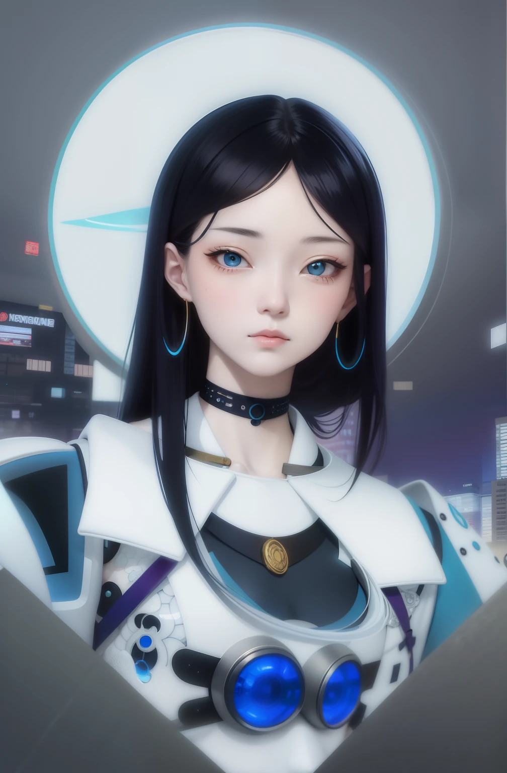 Ukiyo-e style cyberpunk light blue gold girl portrait