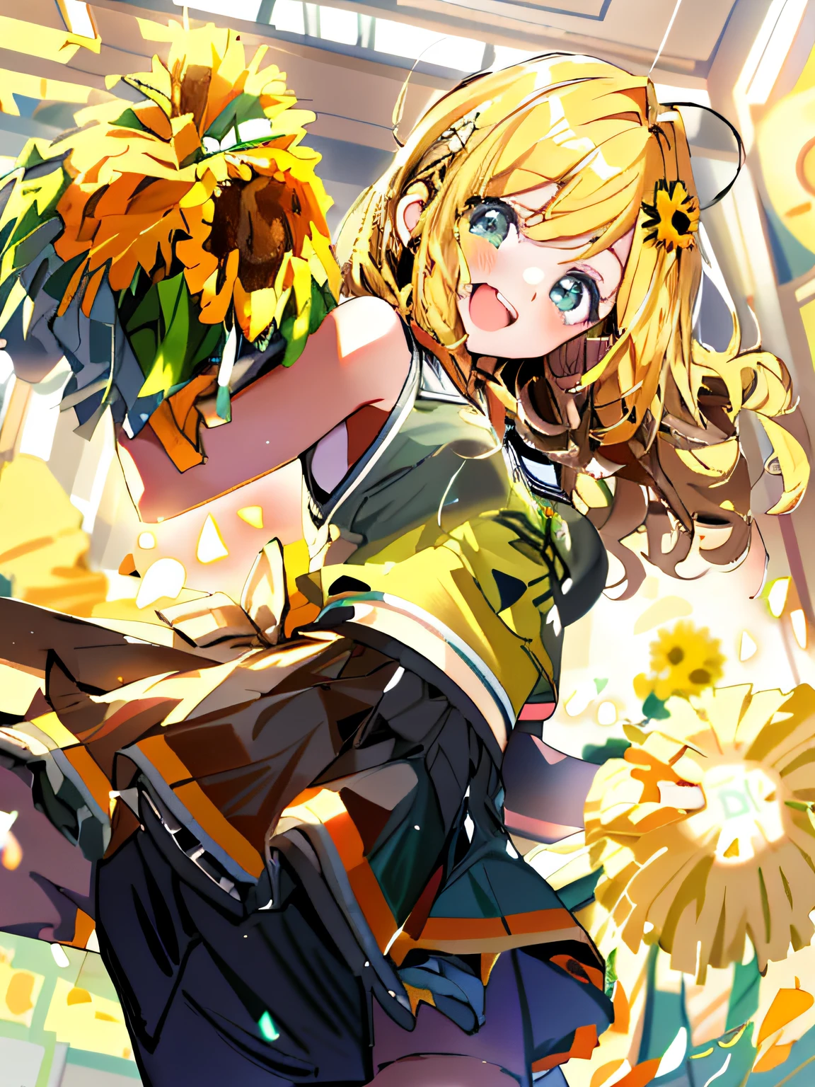 Anime girl wearing cheerleading costume holding a bouquet of yellow flowers, beautiful sunflower anime girl, anime visual of a cute girl, Splash art anime Loli, cheer, anime moe art style, (Anime girl), Cute anime girl, Beautiful Anime High School Girls, trending on artstation pixiv, Beautiful anime girl, Pisif, Official artwork, Marin Kitagawa fanart