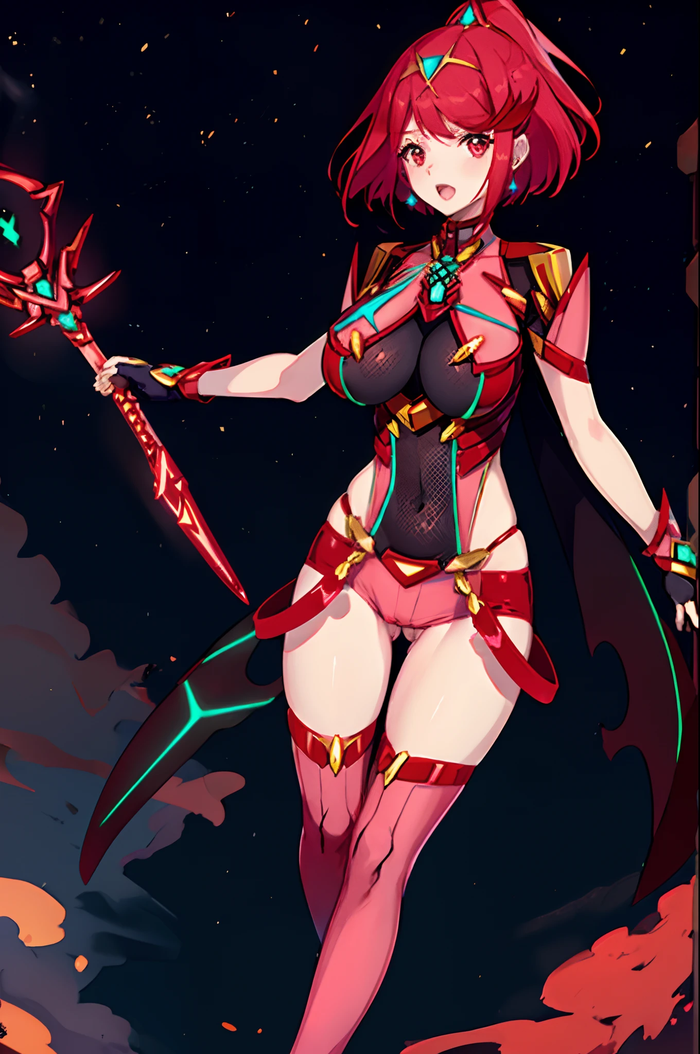 pyra \(xenoblade\), _1girl, loliarmor, bangs, black gloves, breasts, red eyes, closed mouth, earrings, eyelashes, fingerless gloves, floating hair, framed breasts, gem, gloves, hair ornament, headpiece, jewelry, big_breasts, leaning back, leotard, neon trim, official art, pose, red hair, red shorts, saitou masatsugu, short hair, short shorts, short sleeves, shorts, sidelocks, skin tight, solo, standing, swept bangs, thighhighs, tiara, night_prairie_background, turtleneck, underbust, vambraces, xenoblade chronicles \(series\), (xenoblade chronicles 2), apart_legs, fire_effect,dynamic_pose,fighting,light_smile, (plump:1.1), big_ass,huge_sword, hold_large_sword_hilt, solo, covered_nipples, (covered_pussy:1.2),cameltoe,open_mouth,back_view, fists,ponytail,plump,