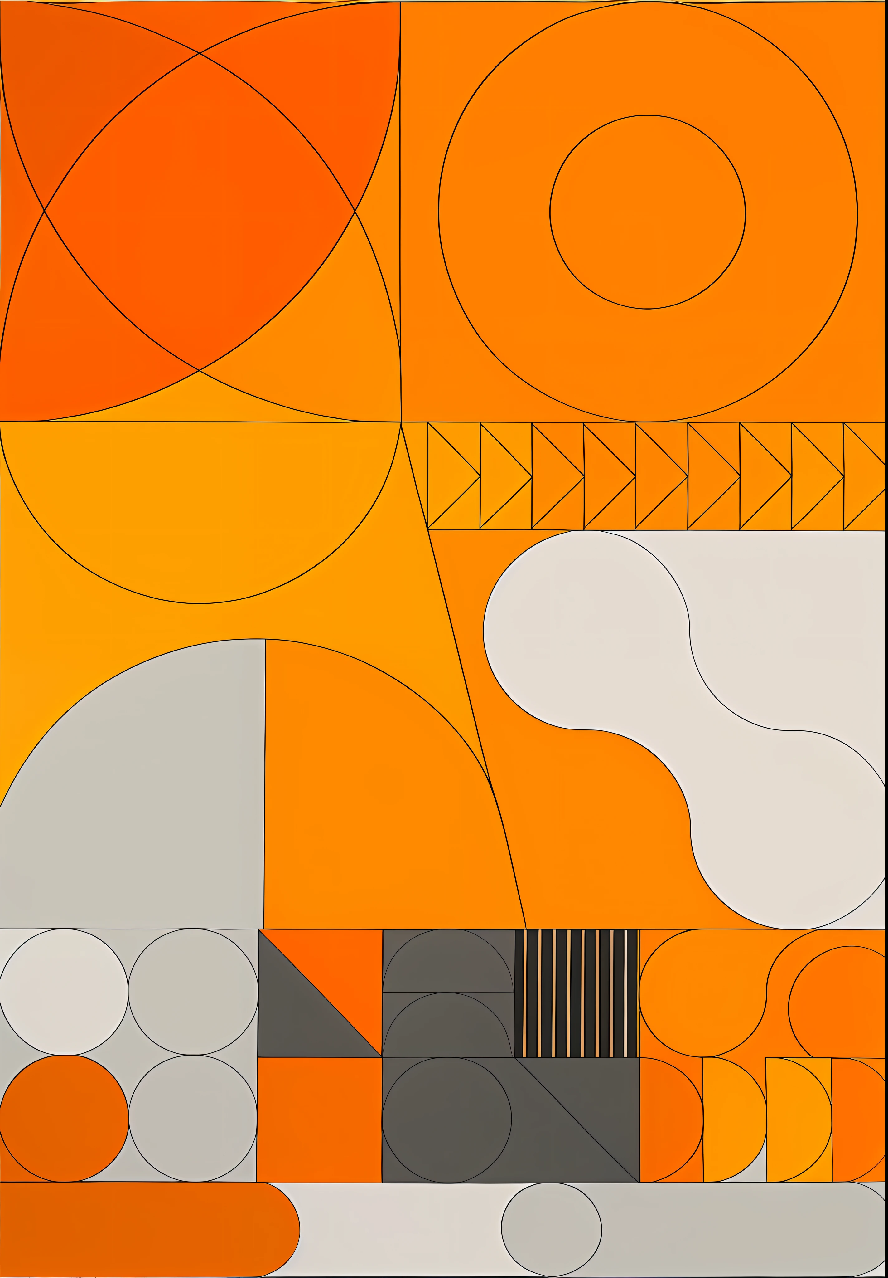 Geometric design drawing on black and white background, complex shapes, Inspired by Joseph Bullock, Inspired by Stanton McDonald-Wright, simplified shapes, Mesh montage of shapes, inspired by Andrei Kolkoutine, graphic shapes, Inspired by Joseph Navratil, circle forms, Inspired by Jose Lifrinks, outlines, simple shapes, The disconnected shape has many close-ups of posters in different colors, , unearthly art style, Young face, Youth, age, Youthful,  inspired by Yanjun Cheng, Exhibition, artwork of a, Chiba Yuda, Art Exhibition Orange-yellow gradient