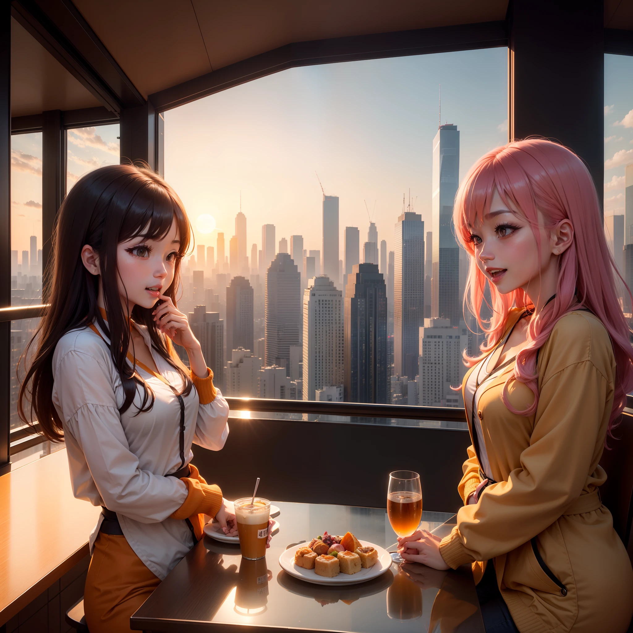 at the sunset, 城市, Skyscrapers, a person々Flow of, Building windows, Warm light, Walkway, a person々, cafe terrace, Friends, Laughing, Skysky, an orange, pink there, tints, Urban hustle and bustle, Beautiful sunset, harmony