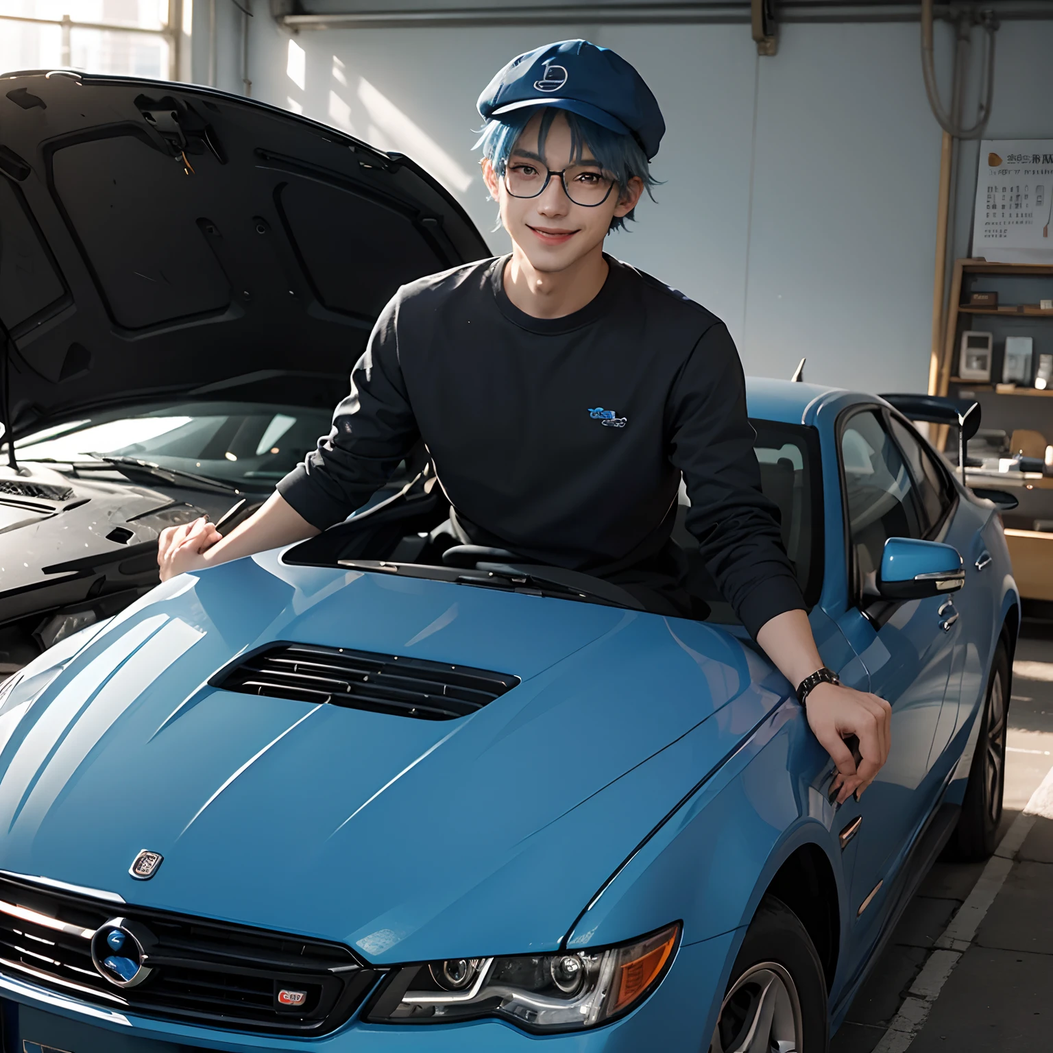 (in 8K、topquality、tmasterpiece:1.2)、1 boy、Skinny Macho、Pretty eyes, Beautiful fece、Oh high, pupils, The upper part of the body, short blue hair, with glasses on,  Full blue car mechanic shop man、Blue hat、Smile a little embarrassed