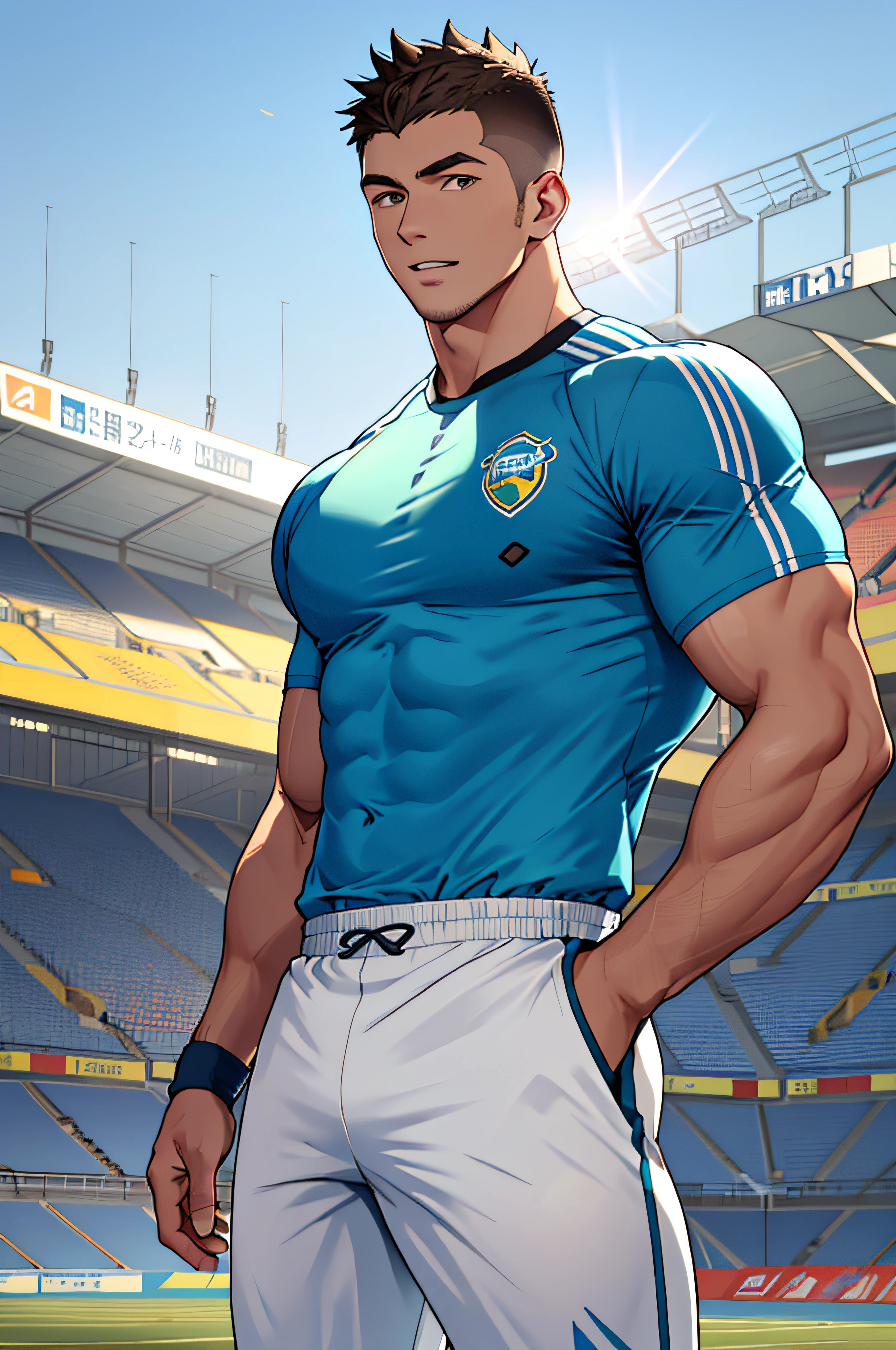 Draw a full-fledged athlete，Stand on the central field of the gym，He wears high-end sportswear，The man looks confident and determined，rays of sunshine，cheerful big breasts，Handsome，Crew cut，full bodyesbian，shooting from below，