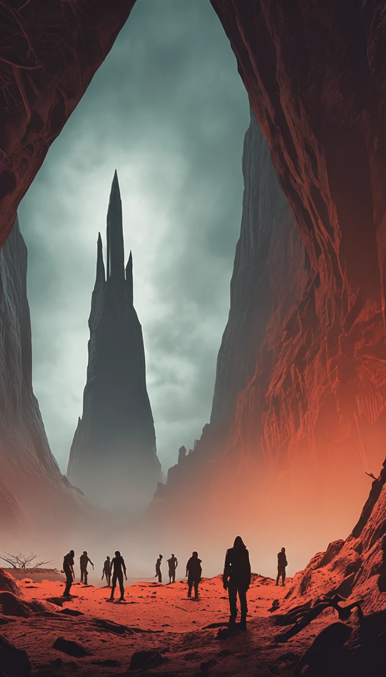 An eerie scene unfolds as a group of terrified individuals huddle inside a tent, their fear palpable in the air. In the backdrop, a haunting shadow is cast by the enigmatic figure of an alien. One of the explorers is a woman, she points at the shadow.