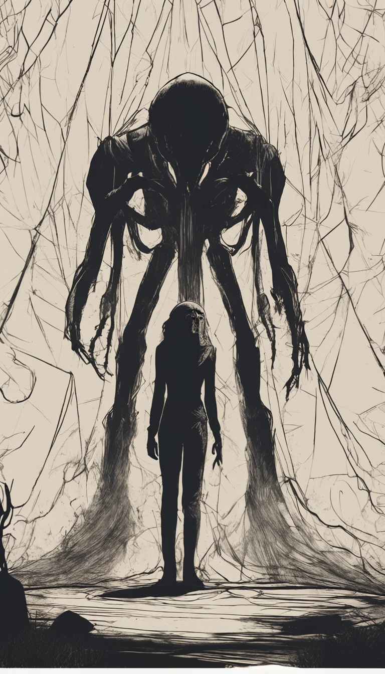 An eerie scene unfolds as a group of terrified individuals huddle inside a tent, their fear palpable in the air. In the backdrop, a haunting shadow is cast by the enigmatic figure of an alien. One of the explorers is a woman, she points at the shadow.
