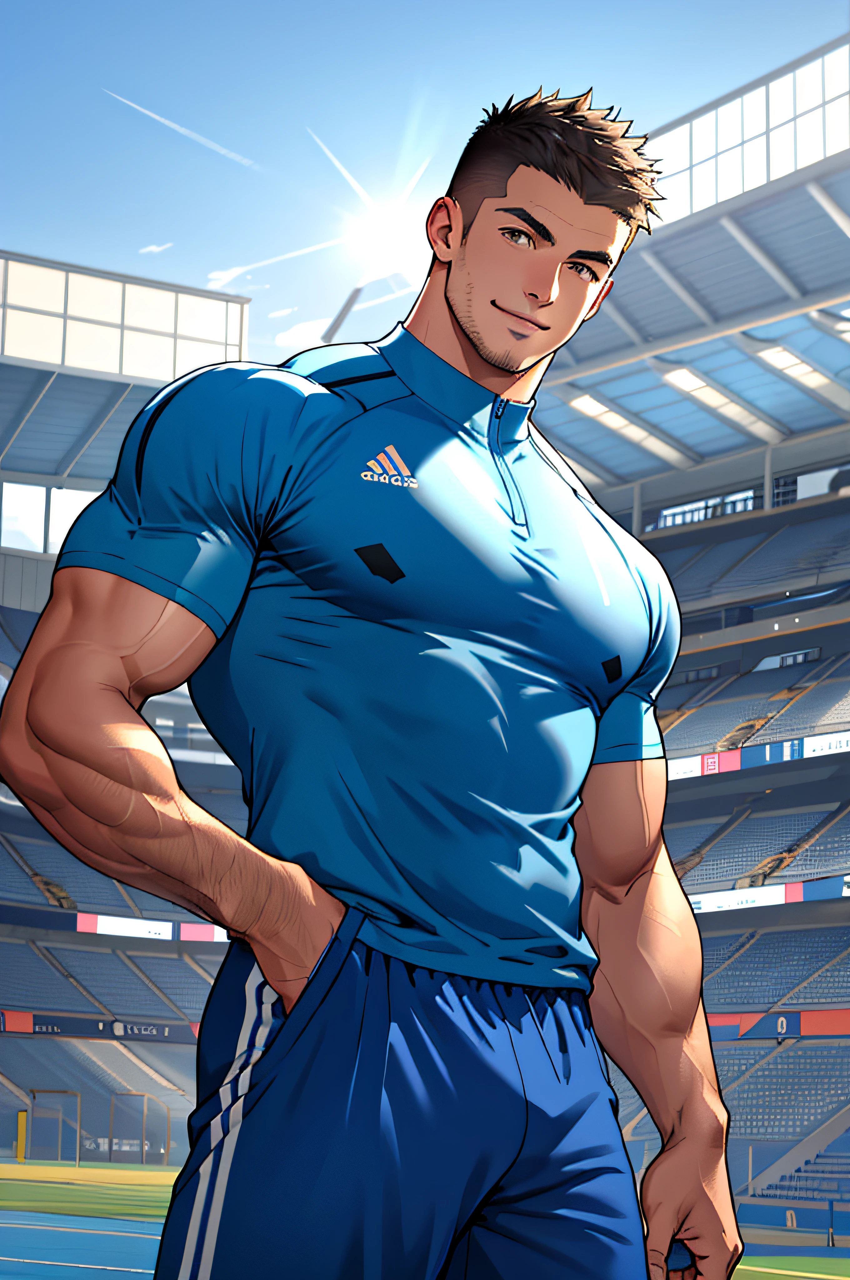 Draw a full-fledged athlete,Stand on the central field of the gym,He wears high-end sportswear,The man looks confident and determined,rays of sunshine,cheerful big breasts,Handsome,Crew cut,full bodyesbian,shooting from below,