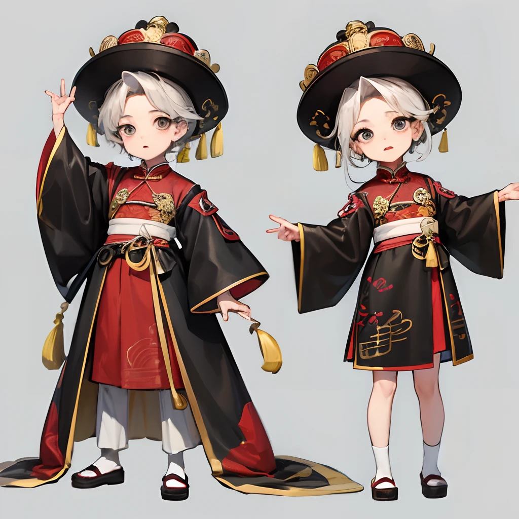 tmasterpiece、Need、（1 boy：1.8）、（tchibi：1.8），standing on your feet，Side Body，（Ancient Chinese clothes：1.2），Wearing a Qing dynasty official hat，cabelos preto e longos，Black eyes，white backgrounid，simplebackground