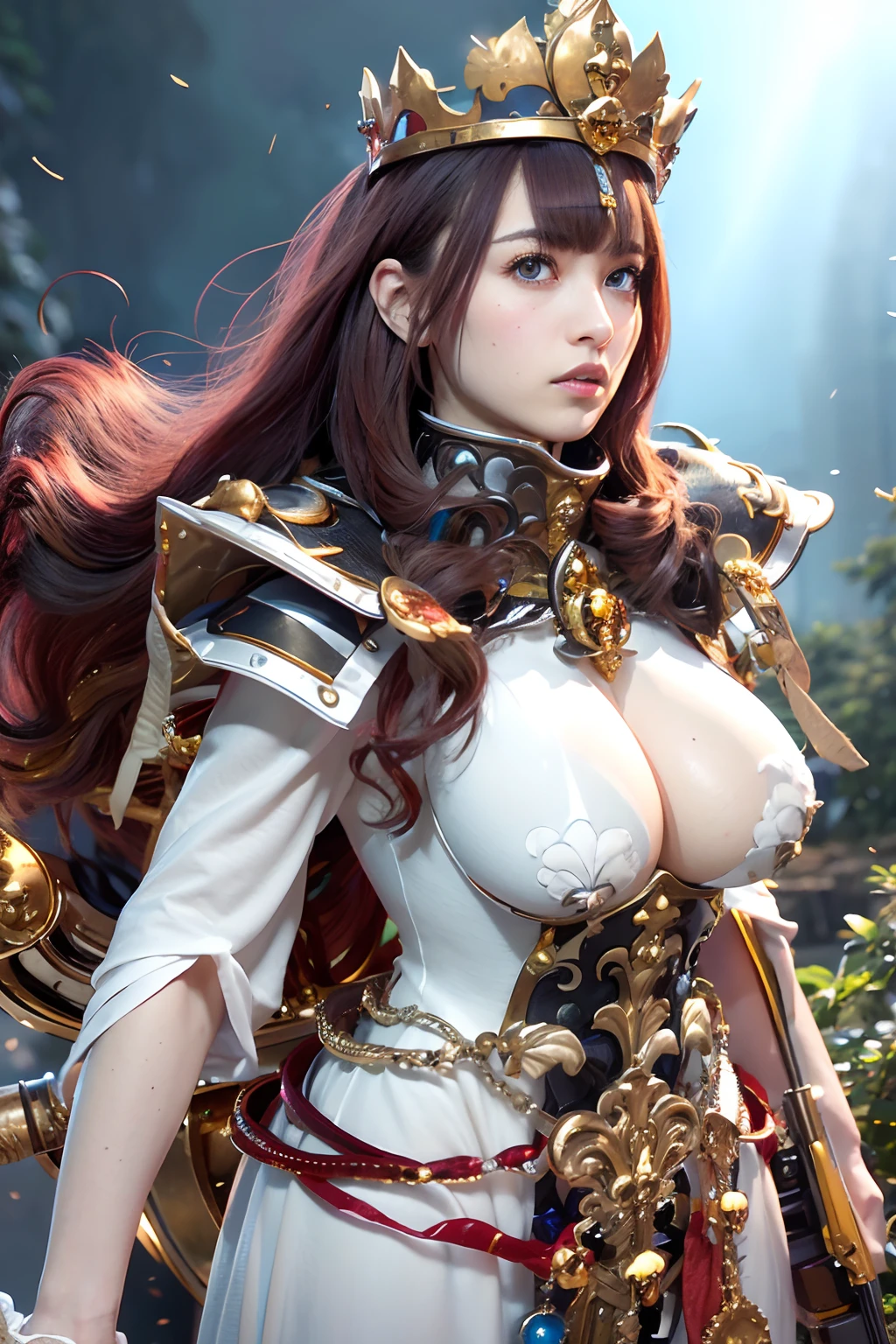 (masutepiece), Professional , masterpiece、top-quality、photos realistic , depth of fields ,(Wind element),close-up,dream magical,tornado,Lightning,(Gemstone Silver Jewel Body:1.9),(Matte White、Jewel Gold Weapon_(Metal:1.4),Gorgeous Jewel Metal Weapons ,(( Detailed Sword of the Brave)) , Black castle background ,warhammer 40k , adepta sororitas,Detail and ornate jewel crown、Brown hair、Gangle's forest background、Beautiful Caucasian beauty、1a person、dynamic ungle,(((Detailed and ornate diamond crown)))、Particles of light、cleavage of the breast、Battle Pose、