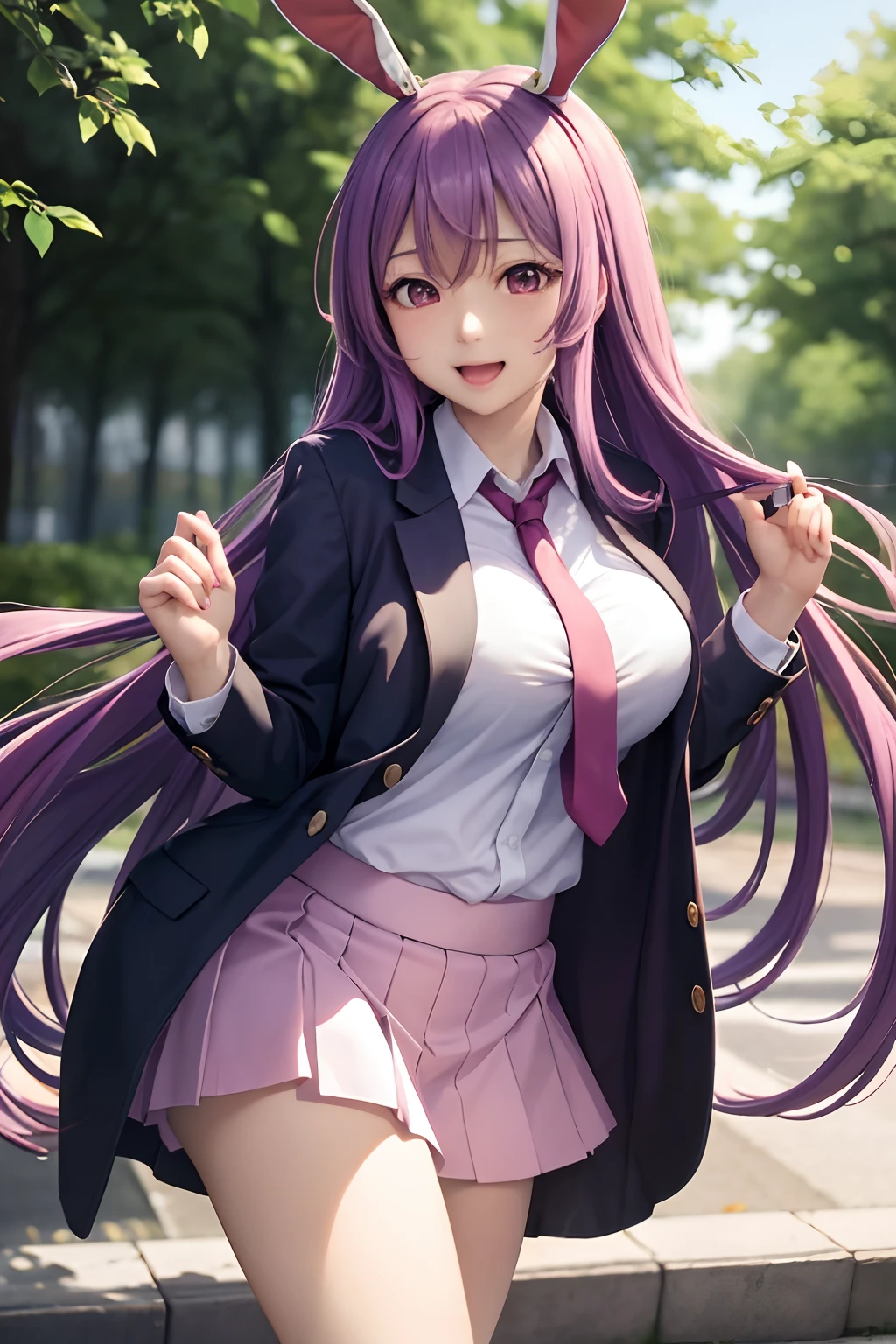 ​masterpiece, top-quality, 1girl in,Reisen Udon Giyin Inaba, Purple hair,Very long hair, rabbitears, red eyes, Black jacket, Open jacket,neck tie,white  shirt,Pink skirt,Cute pink underwear,Colossal tits、Happy face、Undressing