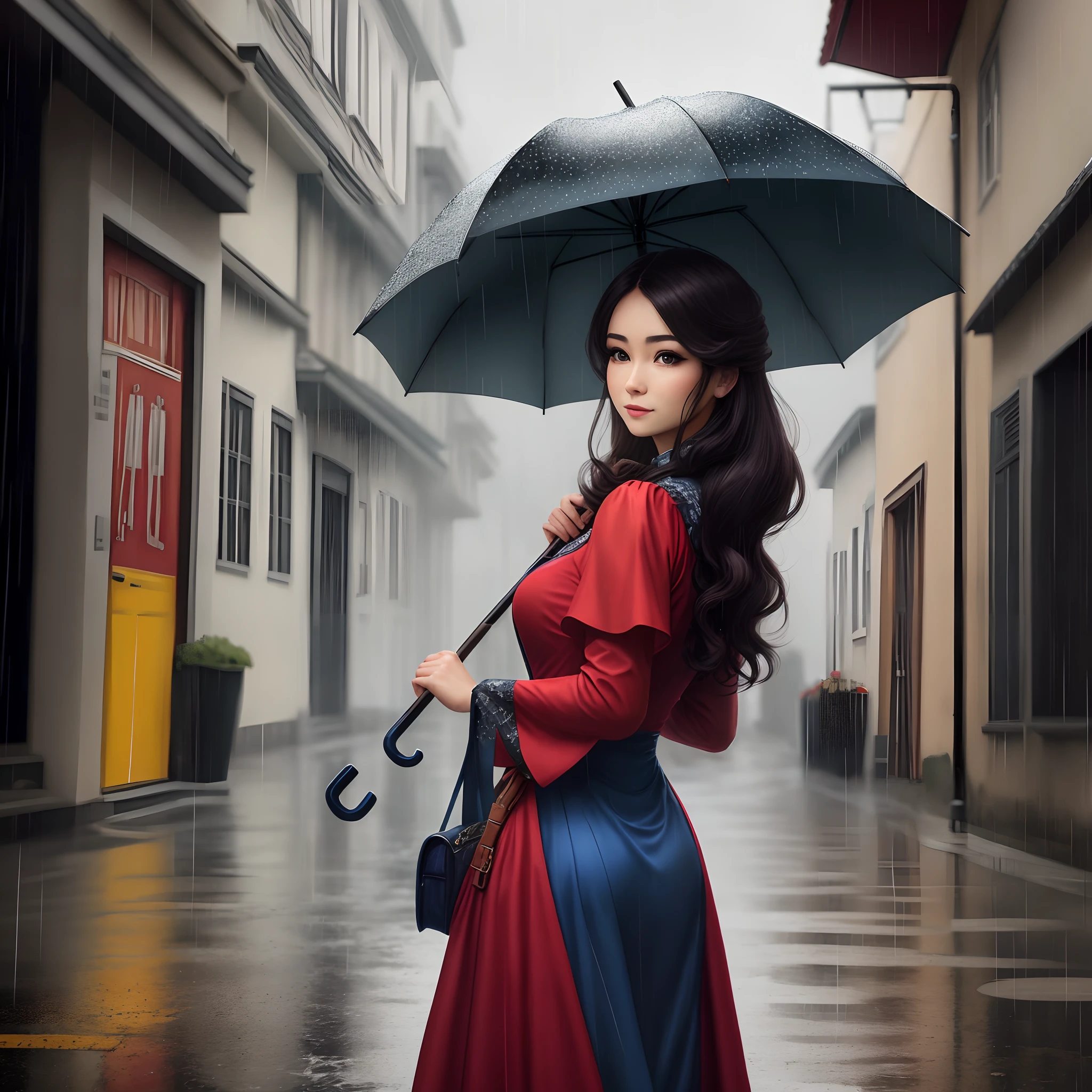 On a rainy day, the beautiful woman in costume holding an umbrella looks back