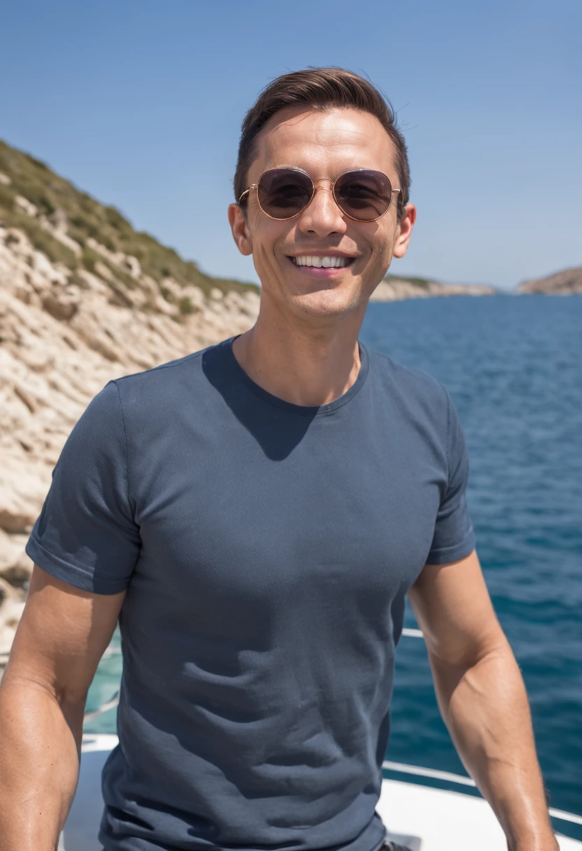 smiling man in sunglasses on a boat in front of a rocky beach, a picture by Lee Loughridge, shutterstock, shin hanga, stephen outram, peter lloyd, christophe szpajdel, thierry rouzier, stefan morrell, andreas m wiese, alain beneteau, steven wiltshire, Vincent Maréchal, alexandros pyromallis