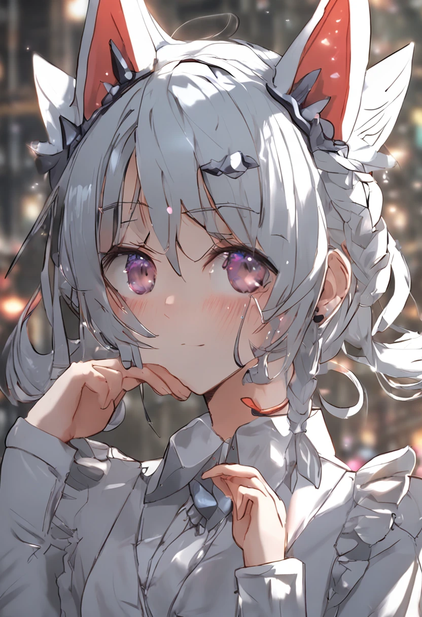 The girl was crying, silver hair, twintails, hairpin, hairclip, maid headdress, ribbon, hair bobbles, raised eyebrows, dilated pupils, one eye closed, tears, fox ears, angry, anime style, sparkle, ray tracing, three sided view, highres, textured skin, UHD, retina, best quality, 1080P