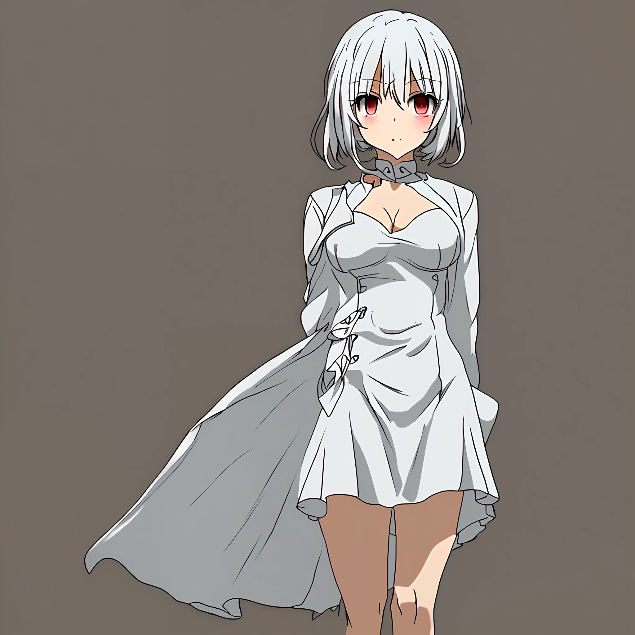 Rem from ReZero, White-haired girl, Hair covers the left eye, Maid suit, White pantyhose, Huge breasts, Thin legs, Soft eyes, short, Two-dimensional hair