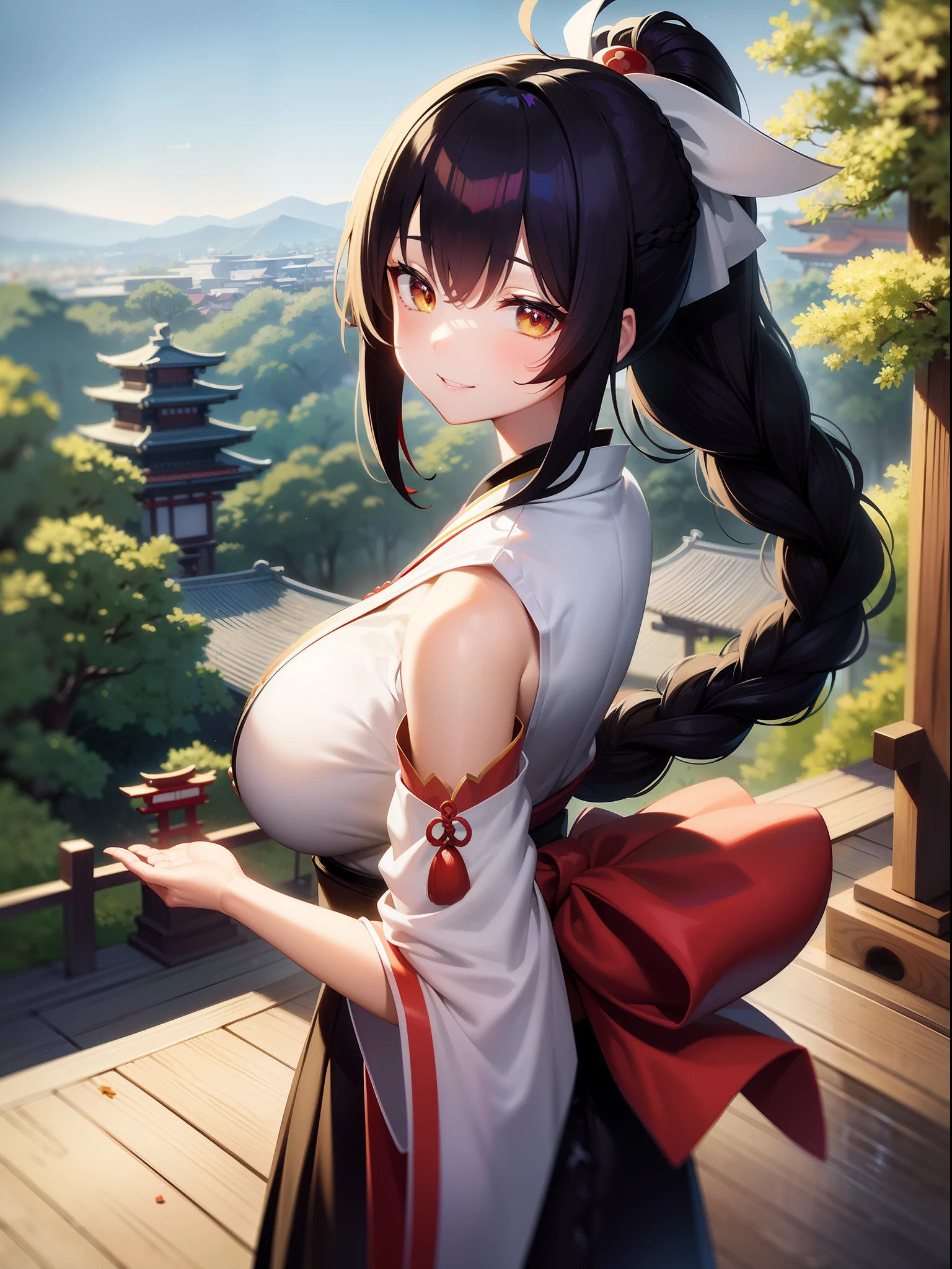 masutepiece, high quolity, Best Quality, Beauty Illustrated,8K,
kyoto,Traditional shrines, huge ahoge, huge-breasted, Black hair, braid, Ponytail, Smile,Looks Back,Seimei Abeno,Oriental Onmyoji,