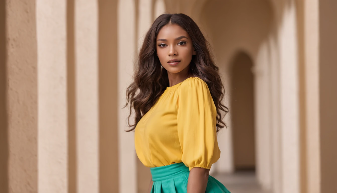 araffe woman in a yellow top and colorful skirt walking down a hallway, fashion shoot 8k, high - end fashion photoshoot, dramatic lighting and colors, colorful fashion, editorial fashion photography, beautiful city black woman only, 4k fashion shoot, colorful clothing, portrait shot 8 k, mid shot portrait, colorful outfit, full shot fashion photography, colorful clothes, shoot 8K