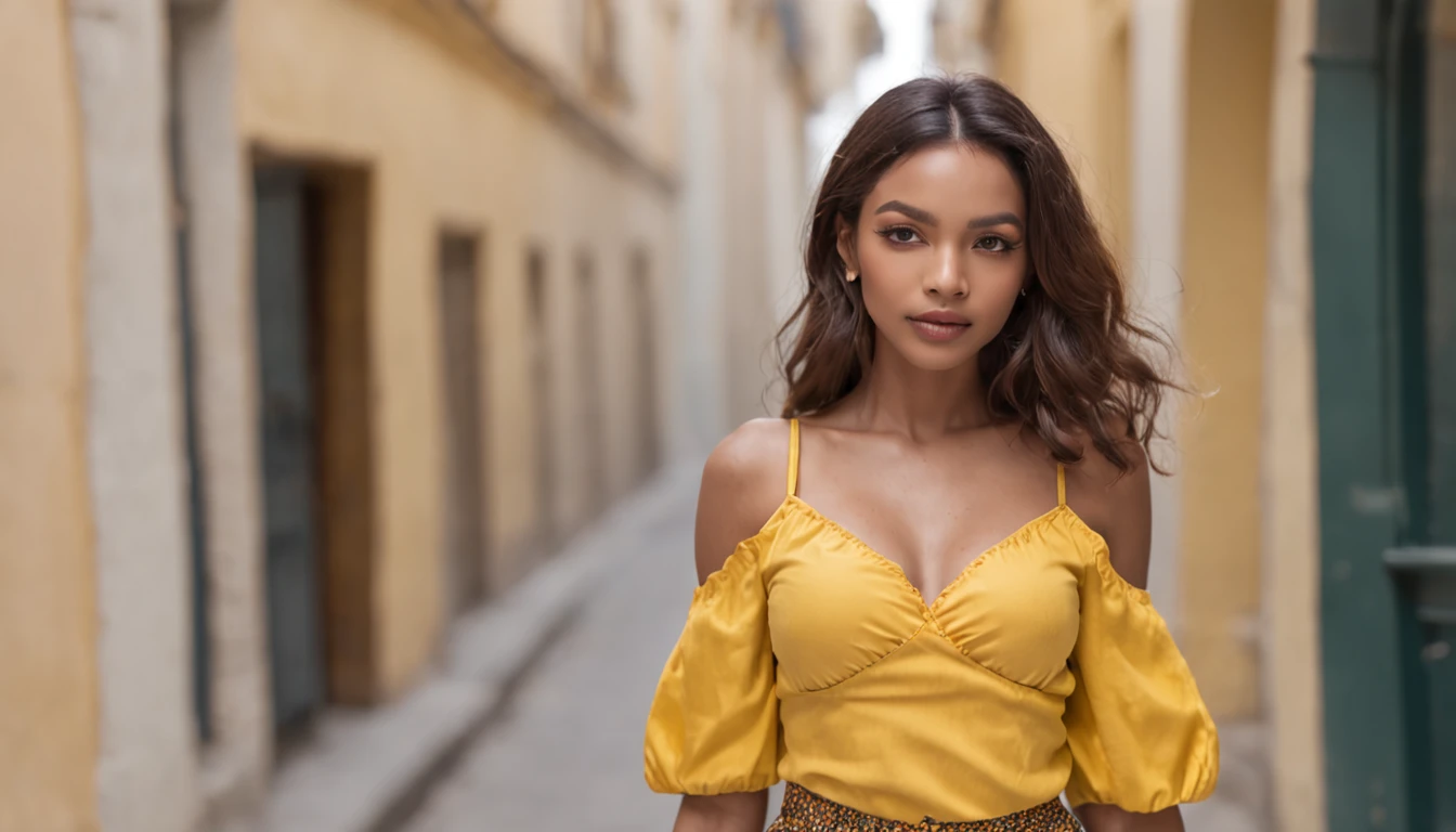 araffe woman in a yellow top and colorful skirt walking down a hallway, fashion shoot 8k, high - end fashion photoshoot, dramatic lighting and colors, colorful fashion, editorial fashion photography, beautiful city black woman only, 4k fashion shoot, colorful clothing, portrait shot 8 k, mid shot portrait, colorful outfit, full shot fashion photography, colorful clothes, shoot 8K
