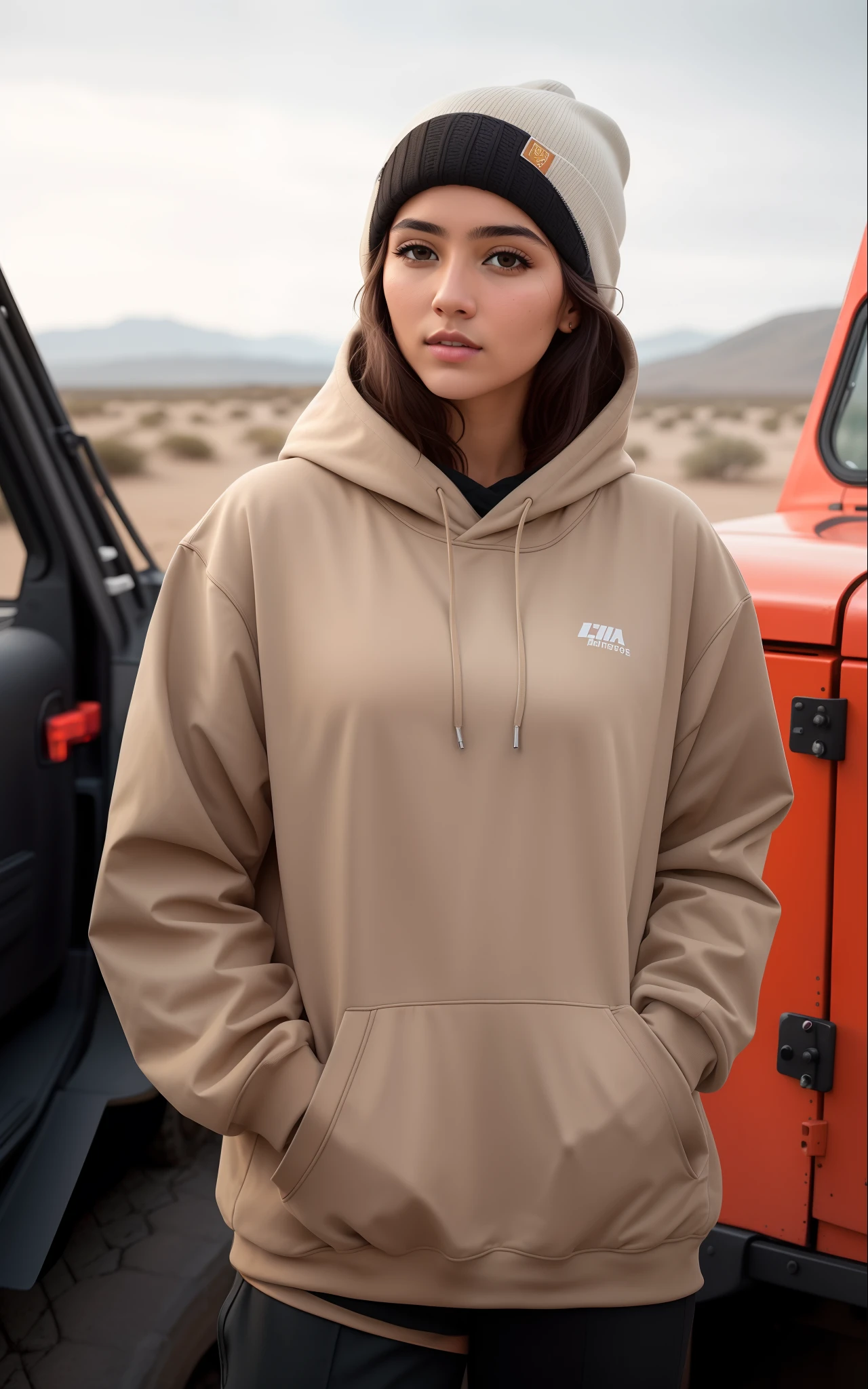 Beautiful woman with brown hood standing in front of a jeep, Capuz Bege, menina vestindo capuz, usando um capuz oversized, hat and hoodie, usando um capuz, com capuz, vestindo moletom, capuz, usando um capuz, usando equipamento de aventura, roupas de caminhada, usando capuz, vestindo roupas de fazenda, Hoody, encapuzado, capuz Superdimensionado, fotografiarrealista, fotografia, obra-prima, realista, Realismo, renderizado, Alto contraste, Arte Digital, fotográficorealista, trend in Artstation 8k HD, high definiton, circunstanciado, Realistic, detalhada, textura da pele, hiperdetalhada, Textura realista da pele, melhor qualidade, ultra high-resolution, (fotografiarrealista: 1.4), alta resolução, detalhada, fotografia crua, sharp resolution, Nikon D850 filmes, fotografia de stock 4, Kodak Portra 400 Camera F1 Lens.6, textura hiper realista, lighting dramatic, Unrealistic trend in Artstation Cinestill 800, ..RAW. Directed by: Lee Jeffries.