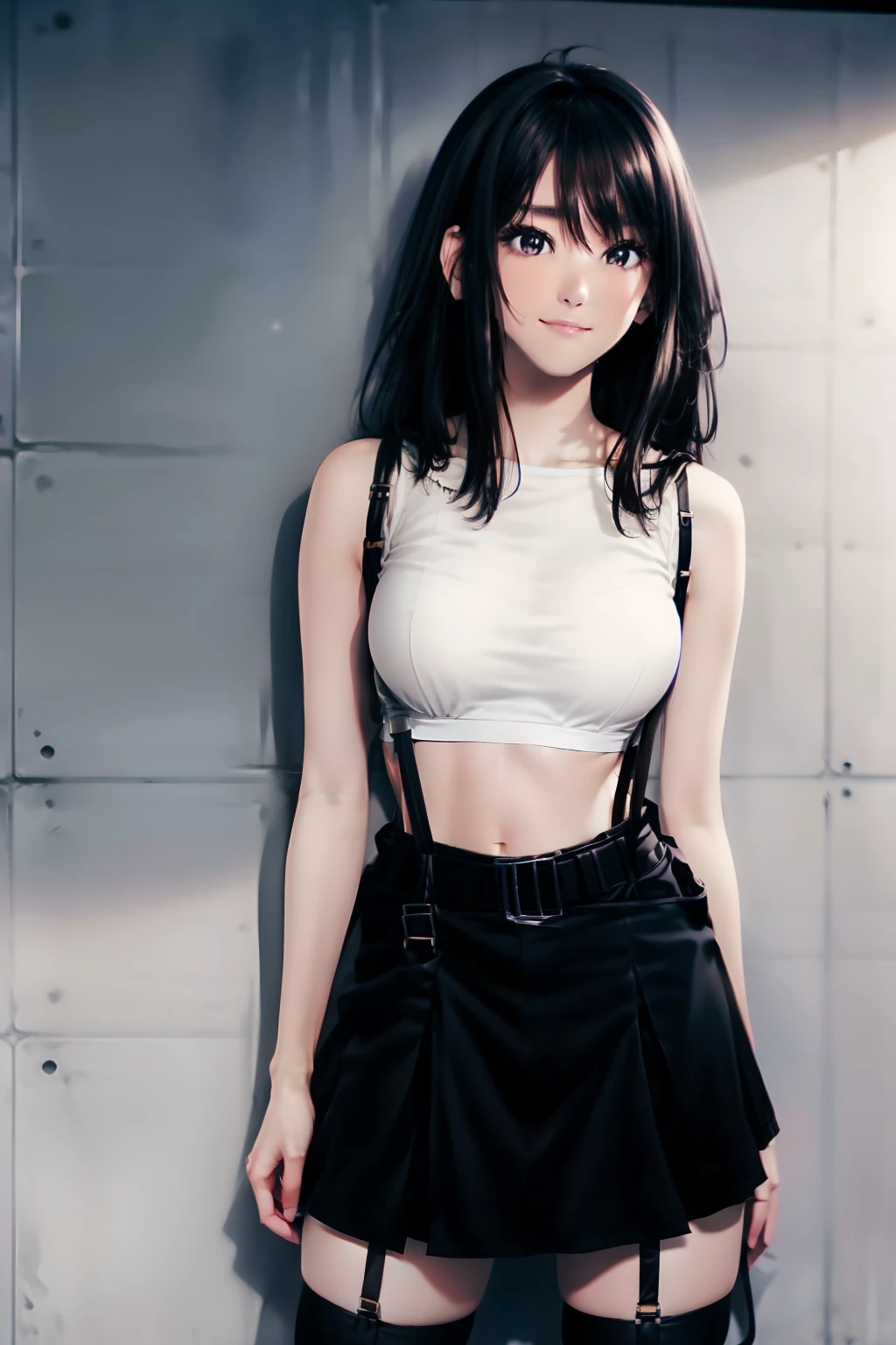 a black skirt, , Tank Tops　suspenders, Long Black Hair, Gray eyes, holster, Garter belt on the legs, , moderate chest and tight clothes, both sides　　Behind　no-bra 　a belt　teats