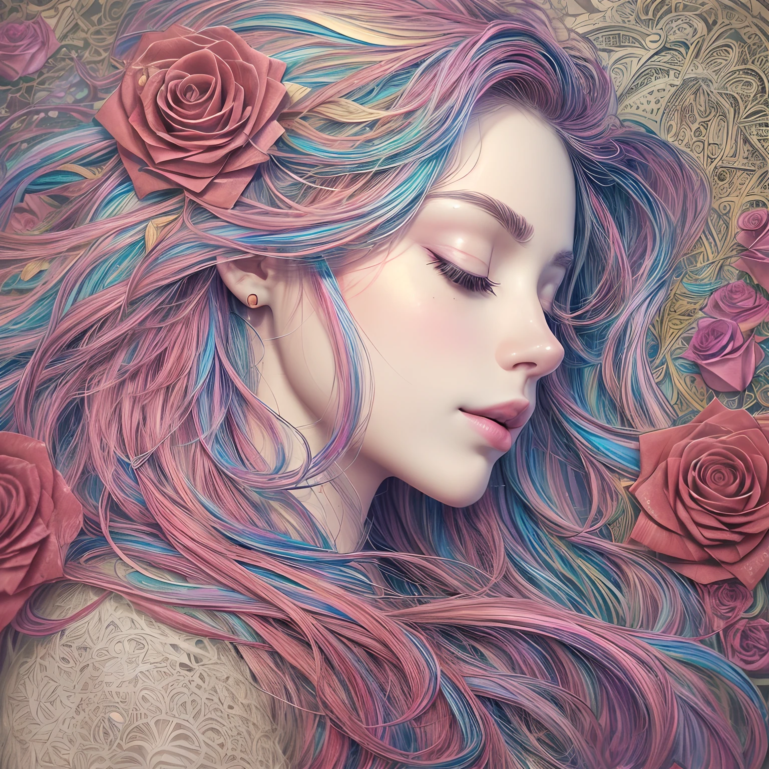 (beauty side face,long colored hair,Close eyes,Masterpiece roses),Iridescent background, (Illustration,paper art, Zentangle, 3d rendered),(Best Quality, Detailed details, masutepiece, offcial art, Movie Light Effects, 4K, Chiaroscuro)